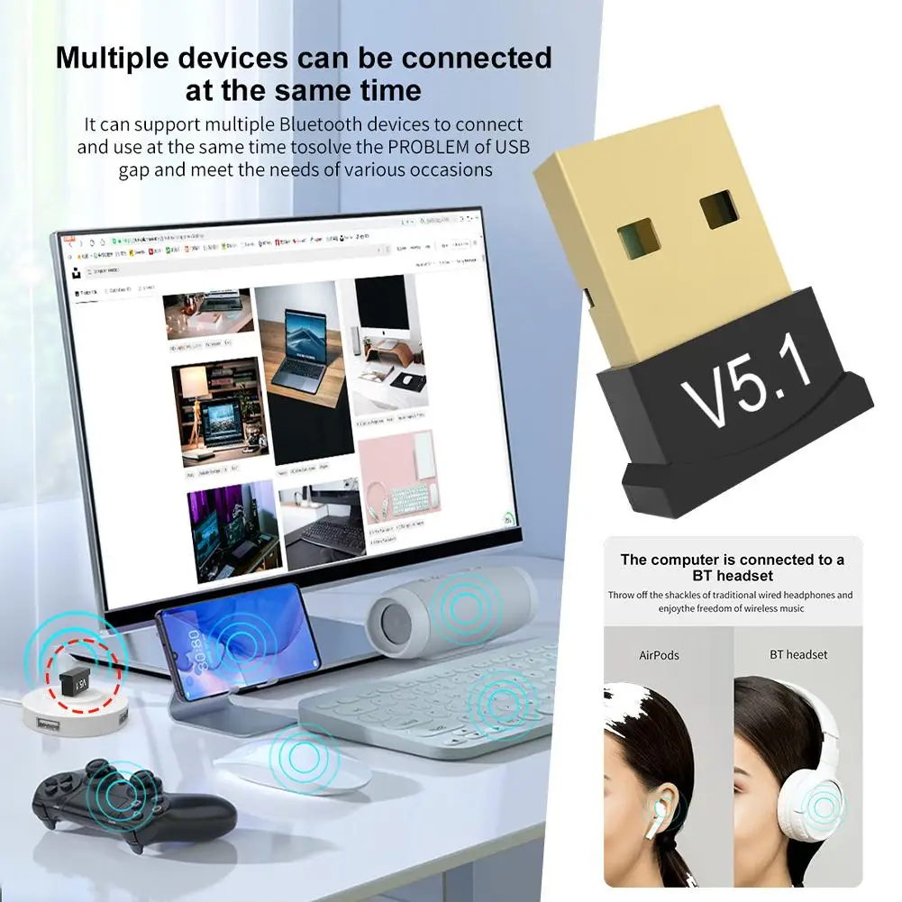 Adattatore USB Bluetooth 5.1 Trasmettitore Ricevitore Audio Bluetooth Dongle Bluetooth Adattatore USB wireless per computer PC portatile