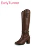 Winter Bequeme Braun Schwarz Frauen Kniehohe Stiefel Quadratische High Heels Dame Reiten Schuhe Plus Kleine Große Größe 33 43 45 52