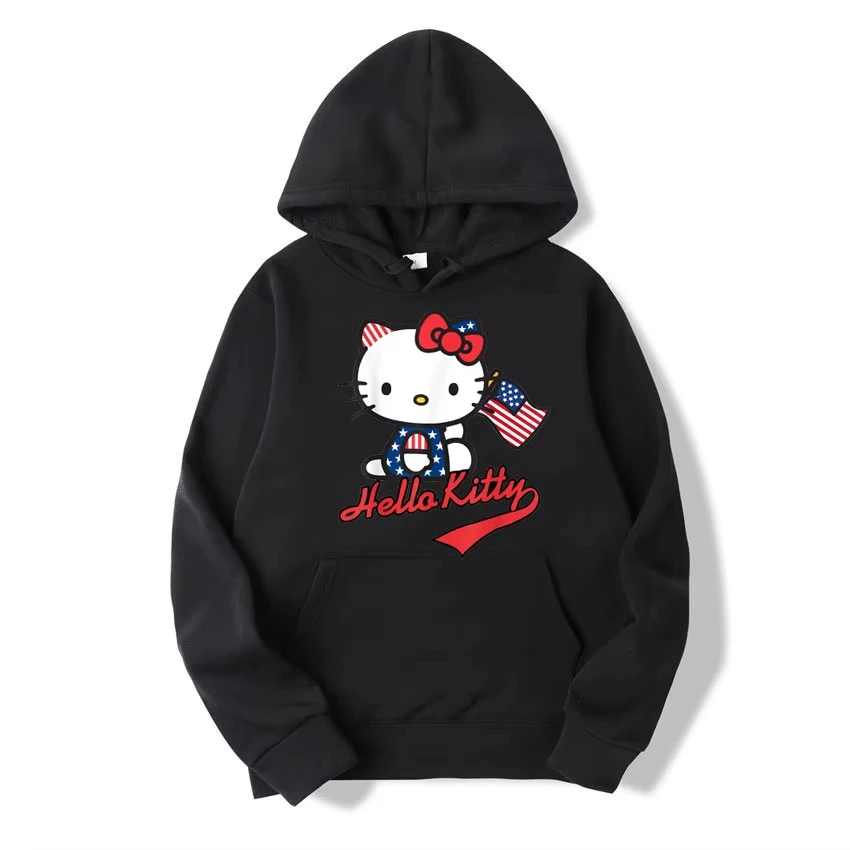 Hello Kitty Amerikanische Flagge Hoodies Süße Streetwear Tägliche Sweatshirts Hoodie Lustige Männer Frauen Tops Kawaii Outer Bluse Hoodies