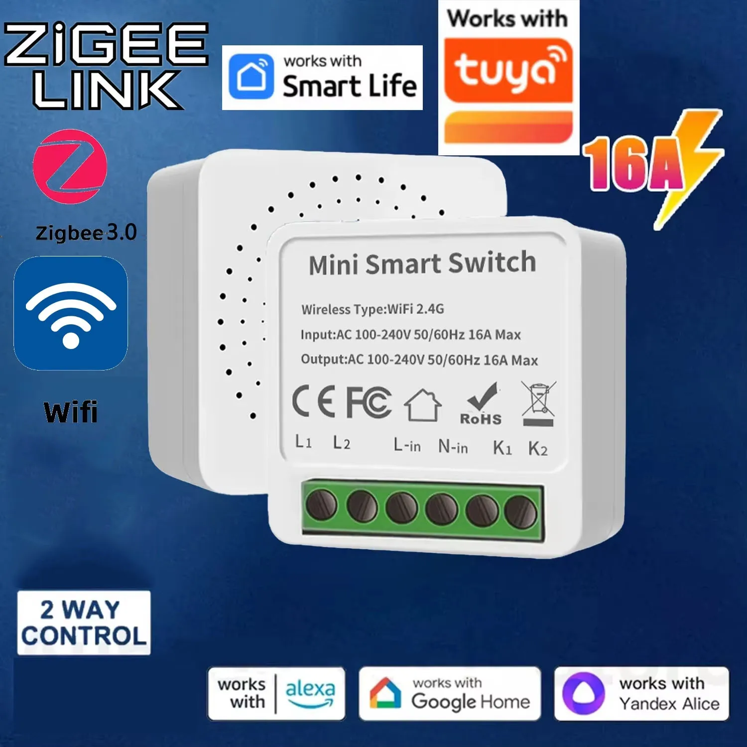Mini Interruttore Intelligente WiFi / Zigbee 3.0 da 16A/20A, Supporta il Controllo a 2 Vie, Compatibile con App Smart Life, Tuya, Alexa, Google Home, Yandex Alice