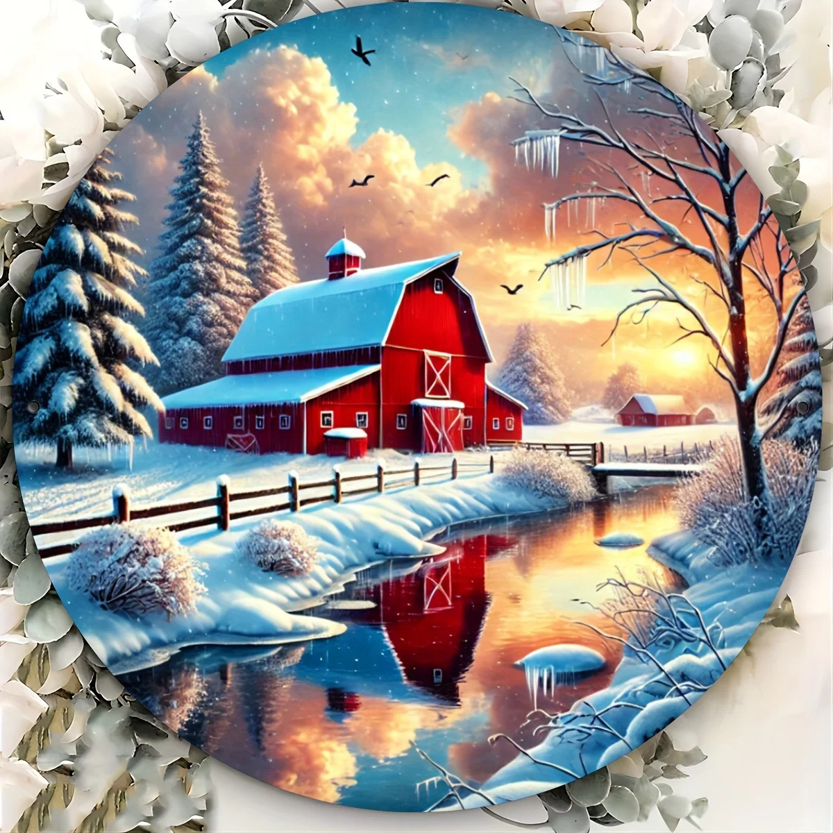 1 Stück rustikales Bauernhaus-Aluminium-Rundschild, 7,87 x 7,87 Zoll Vintage-Aluminium-Wanddekoration, Landschaft im Winter, ideal für Zuhause Image