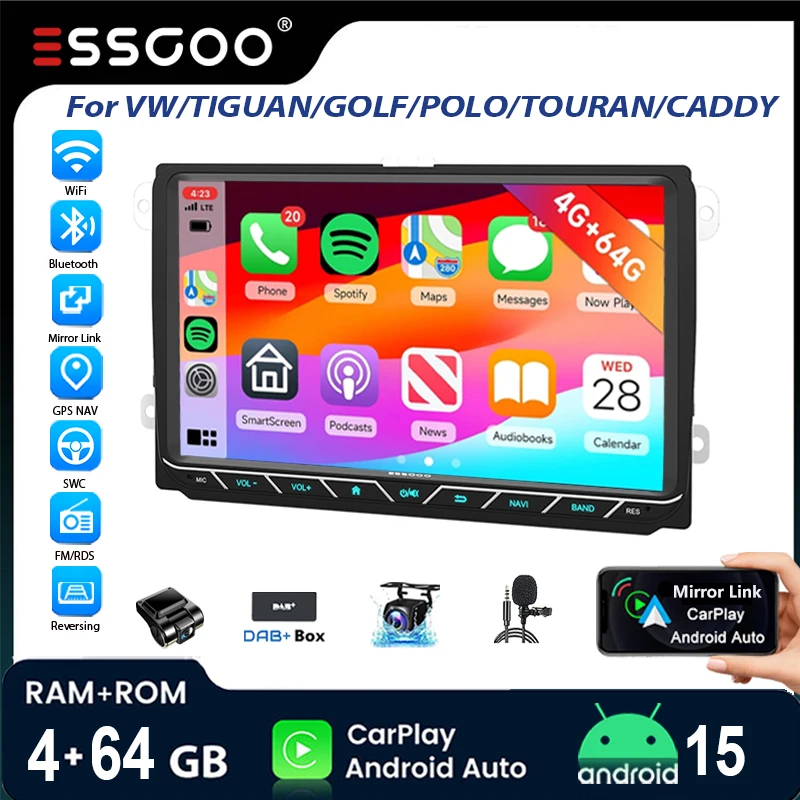 Autoradio ESSGOO Android 15 9" 4+64G per VW Tiguan Caddy EOS Jetta T5 Golf 5 6 Passat B6 B7 Polo 6R Touran Navigazione GPS RDS WiFi CarPlay Wireless Android Auto Bluetooth RDS WiFi FM Controlli al