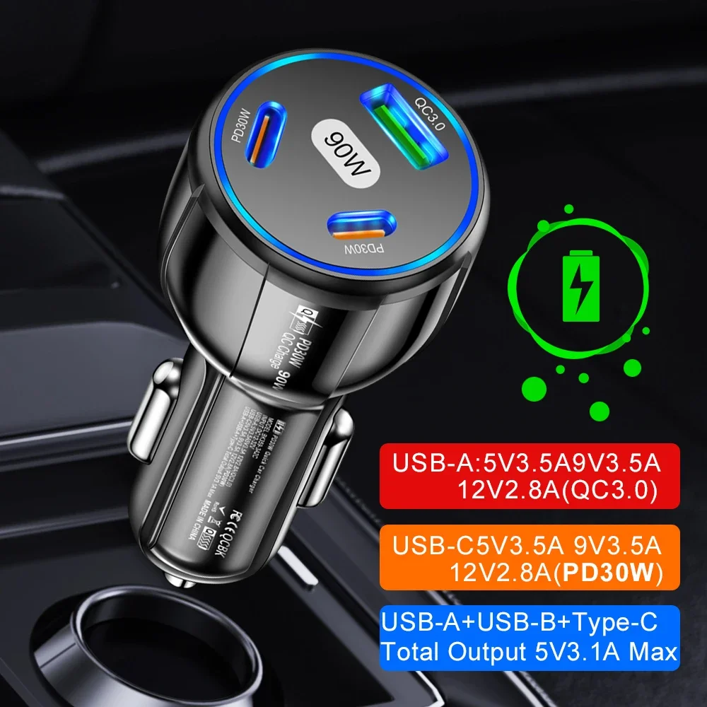 90 W Schnellladegerät 3 Ports PD USB Autoaufladung Handy Typ-C Adapter Schnellladegerät im Auto für iPhone 14 15 Pro/Max Samsung Image