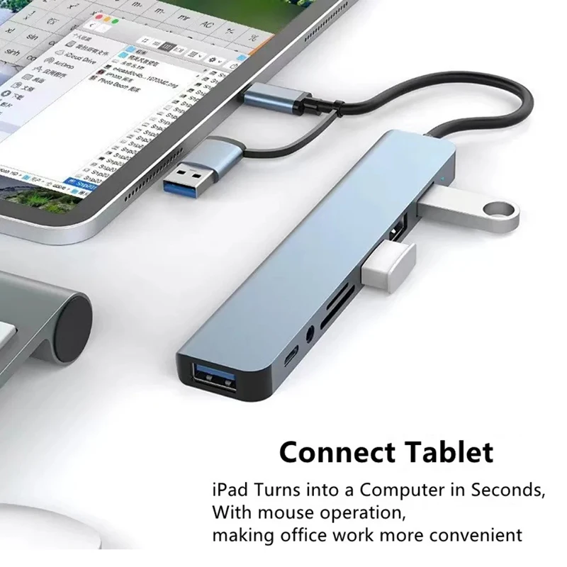 8-in-2-Dockingstation, USB-Typ-C-Hub mit 3,5-mm-Audio-Klinkenadapter, Micro-SD-Kartenleser, Laptop, Tablet, Telefon, Disk-Konverter Image