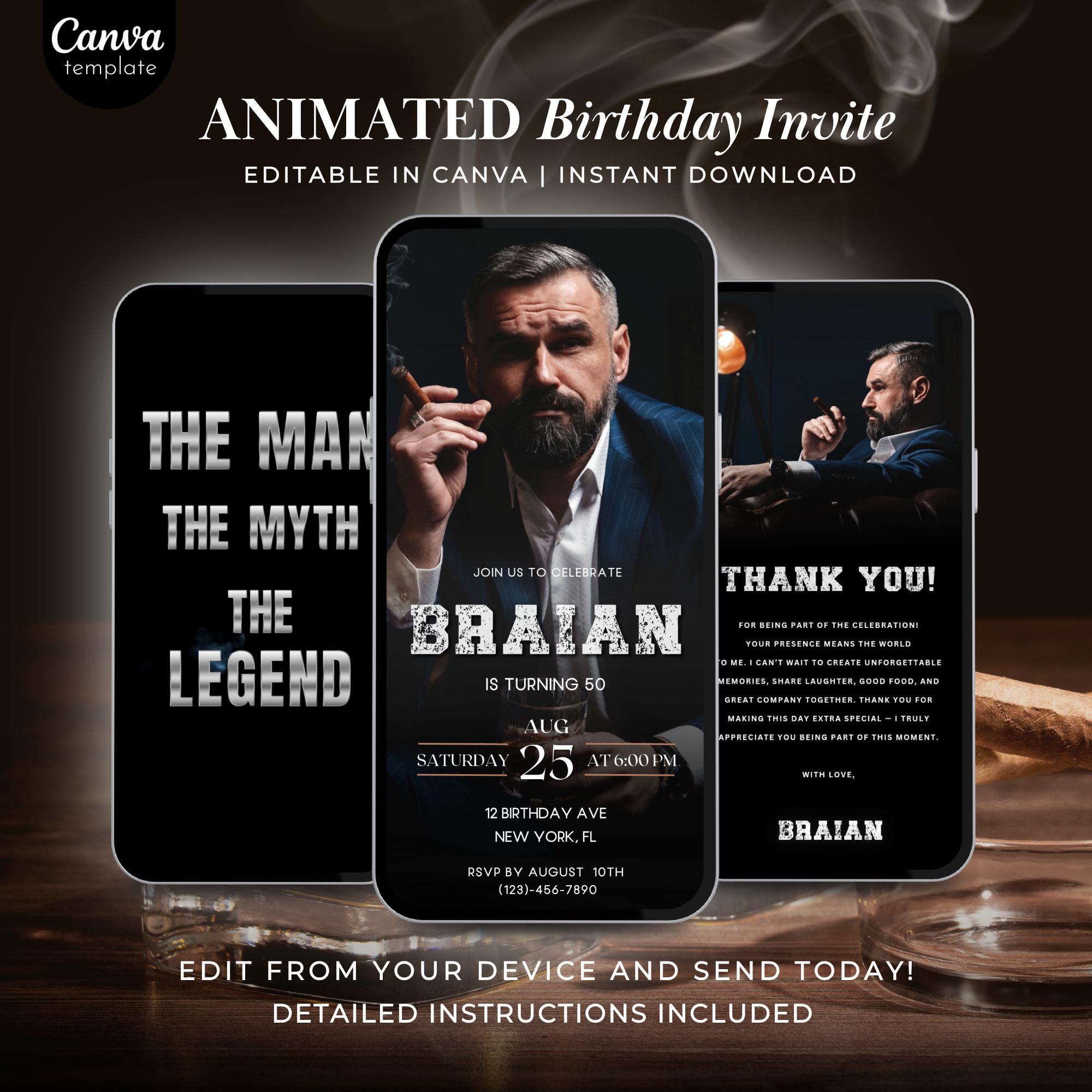 Invito di compleanno per lui, L'uomo, il mito, la leggenda, Video card animata modificabile Canva, Invito digitale per festa di compleanno maschile