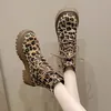 Herbst Winter Runde Zehen Leopardenmuster Stiefeletten für Frauen Chunky Lace-up Frau Kurze Schuhe Y2k Goth Fleece-gefüttert Biker Booties