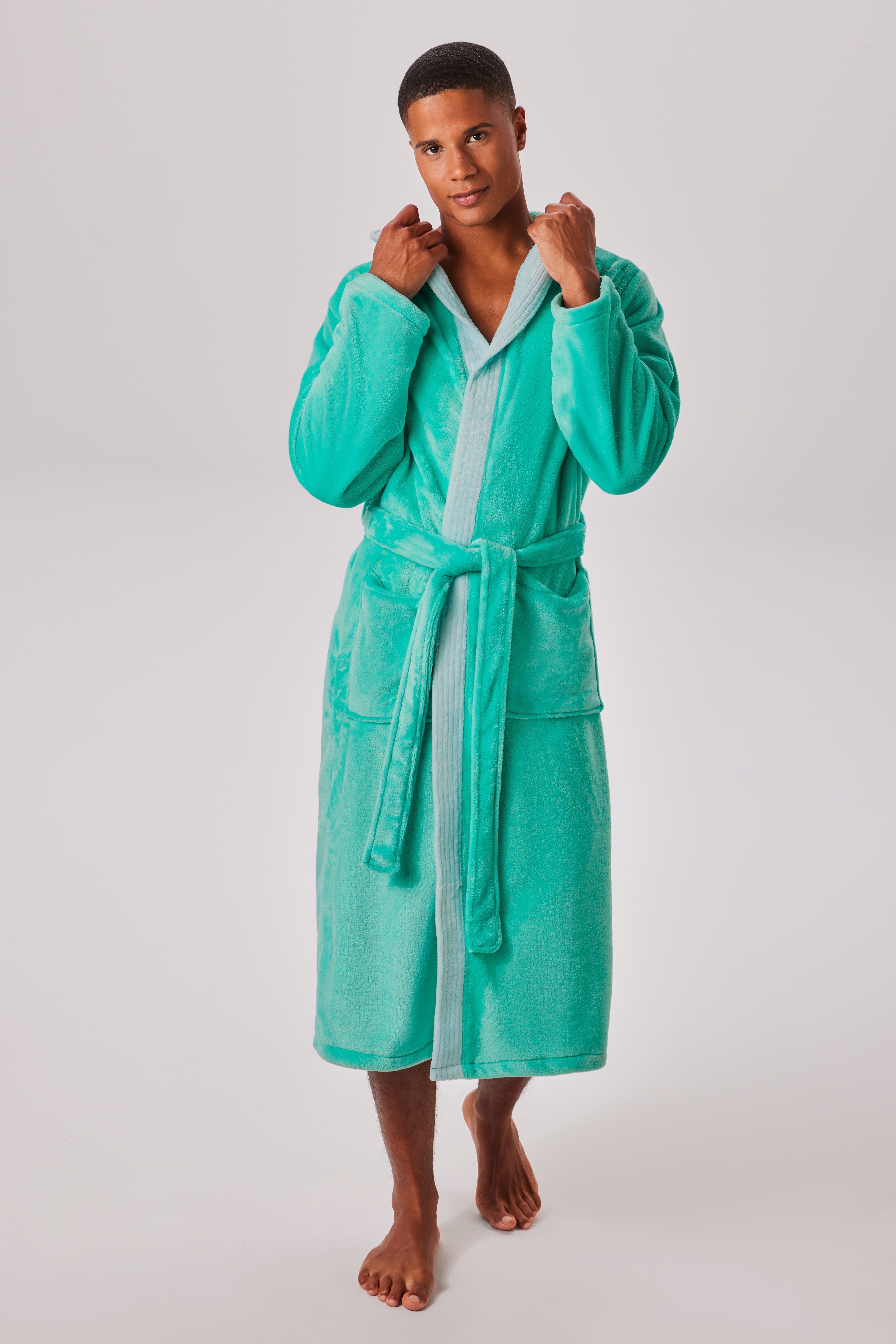 Unisex-Bademantel OTTO HOME "Miia, ideal für Sauna, Spa & im Urlaub" Gr. XL, türkis, L:125cm, Microfaser, Hausmäntel, weich und kuschelig, plüsch, für Damen und Herren, S-XL Image