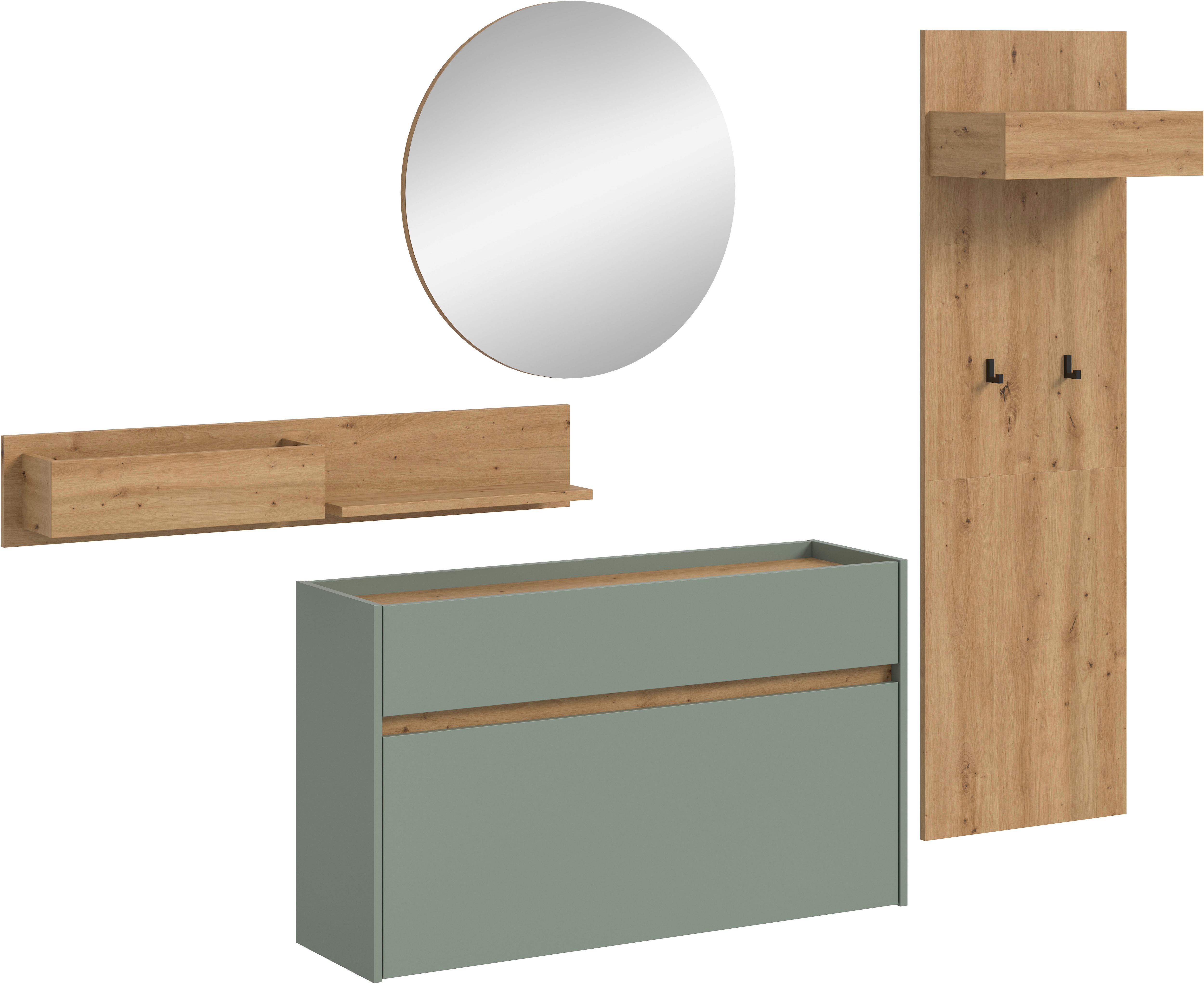 Garderoben-Set HOME AFFAIRE "EVRID, 4-teilig, Breite 205 cm, individuell hängbar & erweiterbar", salbei nb, artisan oak nb, B:205cm H:197cm T:32cm, Spanplatte, Kastenmöbel-Sets, Garderobenkombination, Garderobe, Wandgarderobe, Flur, Diele