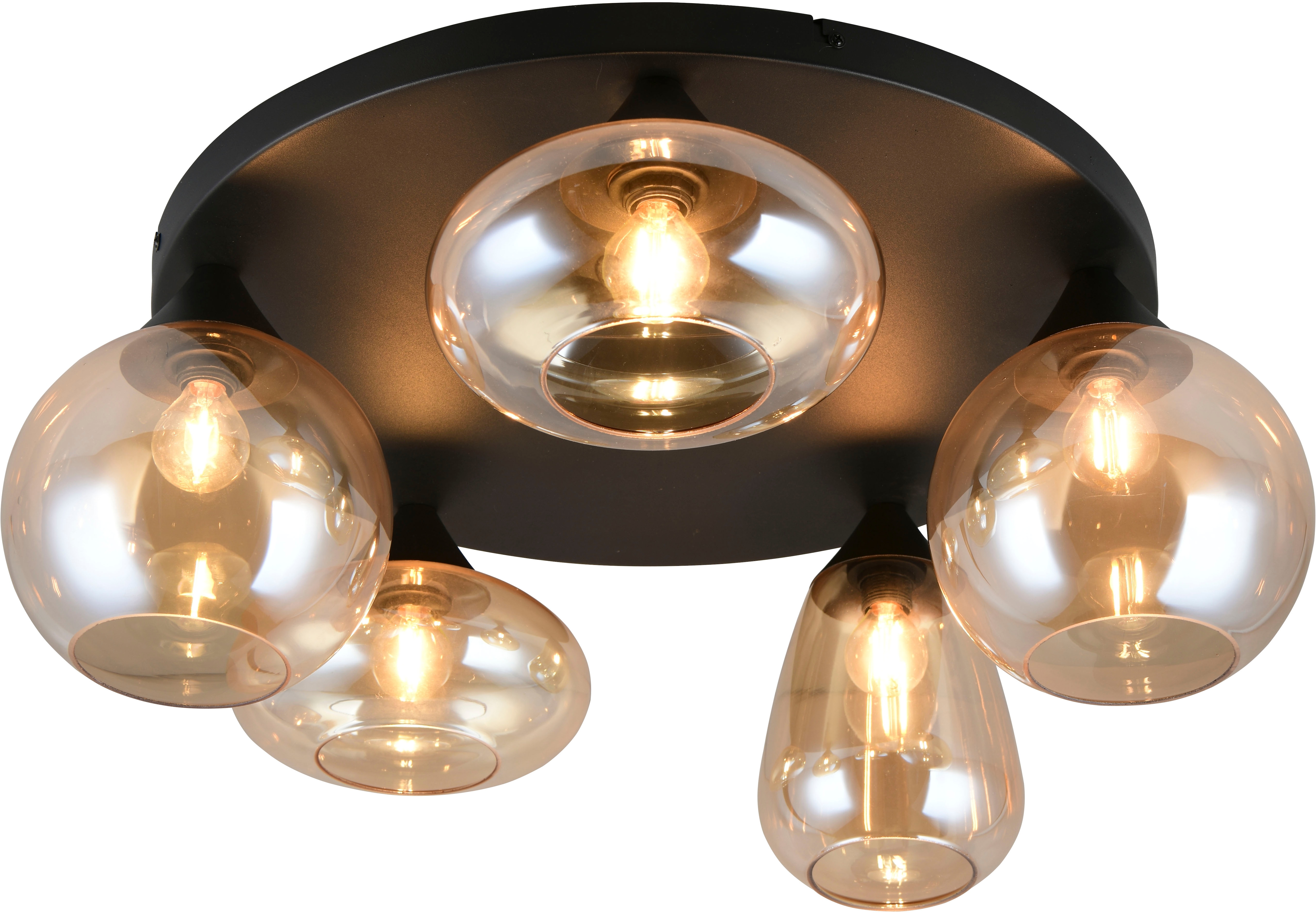 TRIO LEUCHTEN Deckenleuchte "Lumina, Deckenlampe 5-flammig mit Glasschirm, exkl 5x E14, max 10W", amber, schwarz matt, 5, Ø 63,5cm H: 24,5cm, 1 Stk., Leuchten, Ø 64 cm Höhe 25 cm, spiegelnde Glas Lampenschirme in 3 modernen Formen, Deckenleuchte