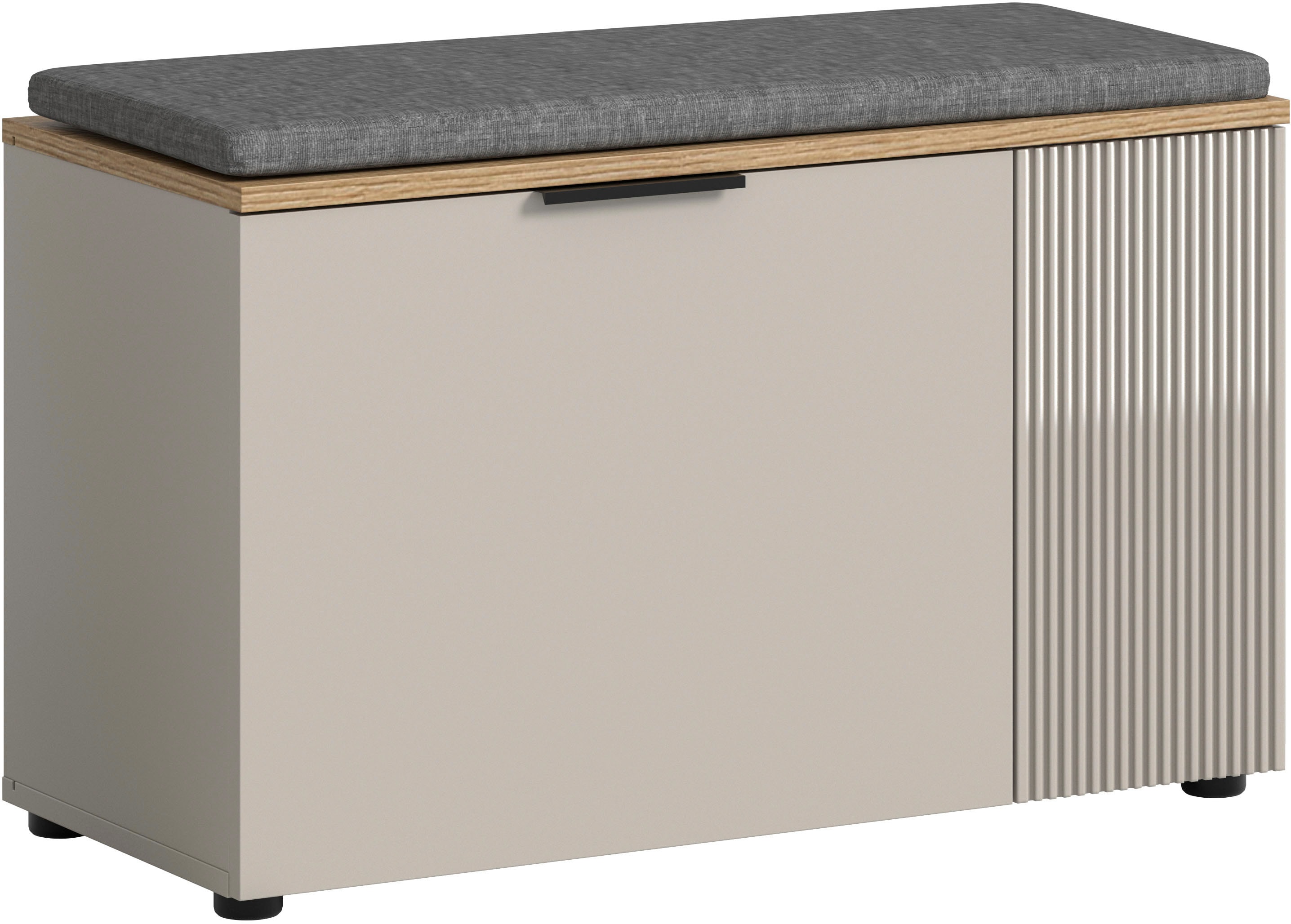 Sitzbank INOSIGN "EDIL, Breite 80cm, 2 Türen, 4 Fächer, inkl. Sitzkissen", kaschmir, evoke oak nachbildung, kaschmir, B:80cm H:48cm T:36cm, FSC-zertifizierter Holzwerkstoff, Sitzbänke, Garderobenbank, Bank, Flurbank, Schuhbank, Dielenbank Image