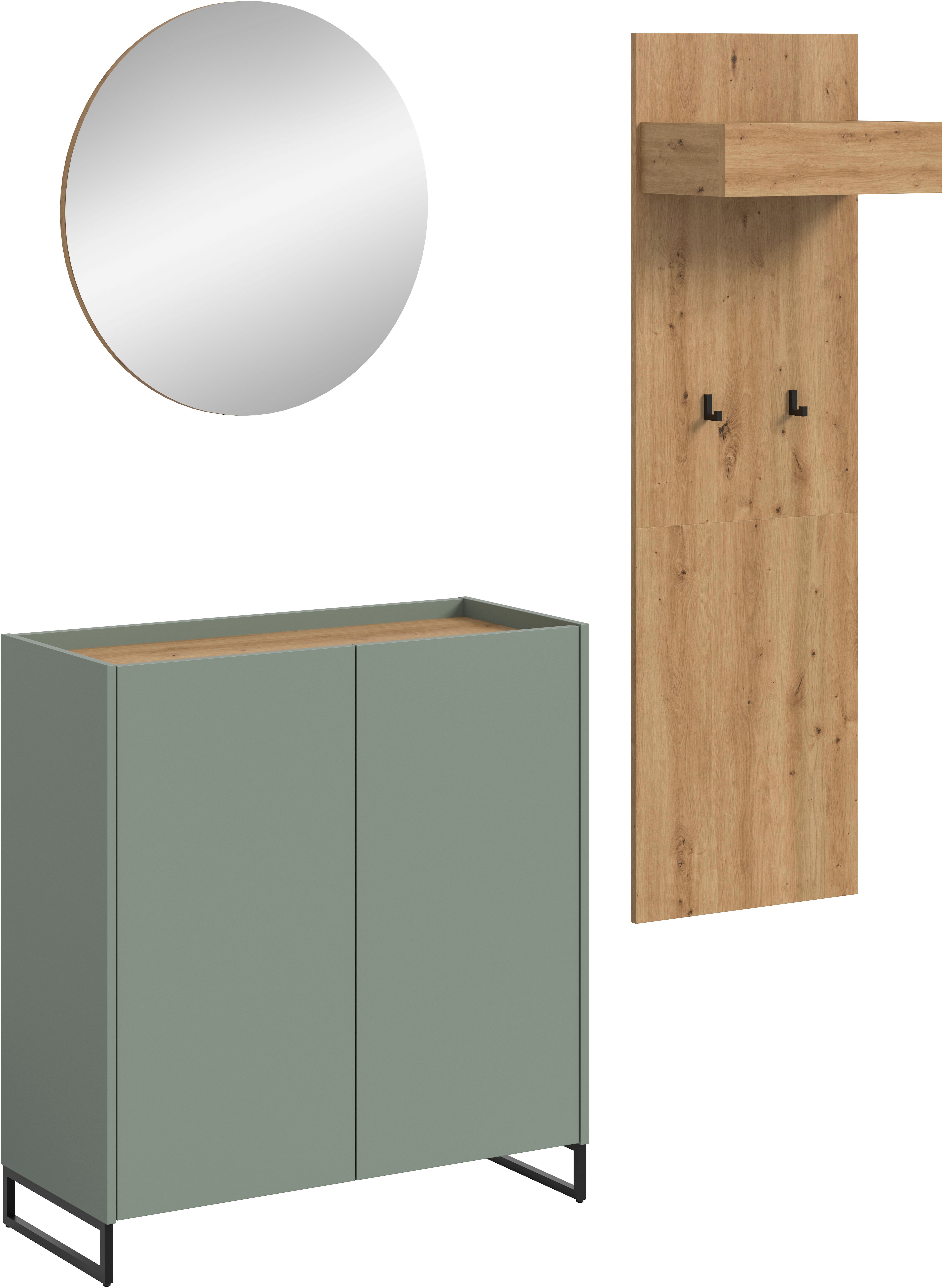 Garderoben-Set INOSIGN "EVRID, 3-teilig, Breite 175 cm, individuell stellbar & erweiterbar", salbei nb, artisan oak nb, B:175cm H:197cm T:38cm, Spanplatte, Kastenmöbel-Sets, Garderobenkombination, Garderobe, Wandgarderobe, Flur, Diele Image
