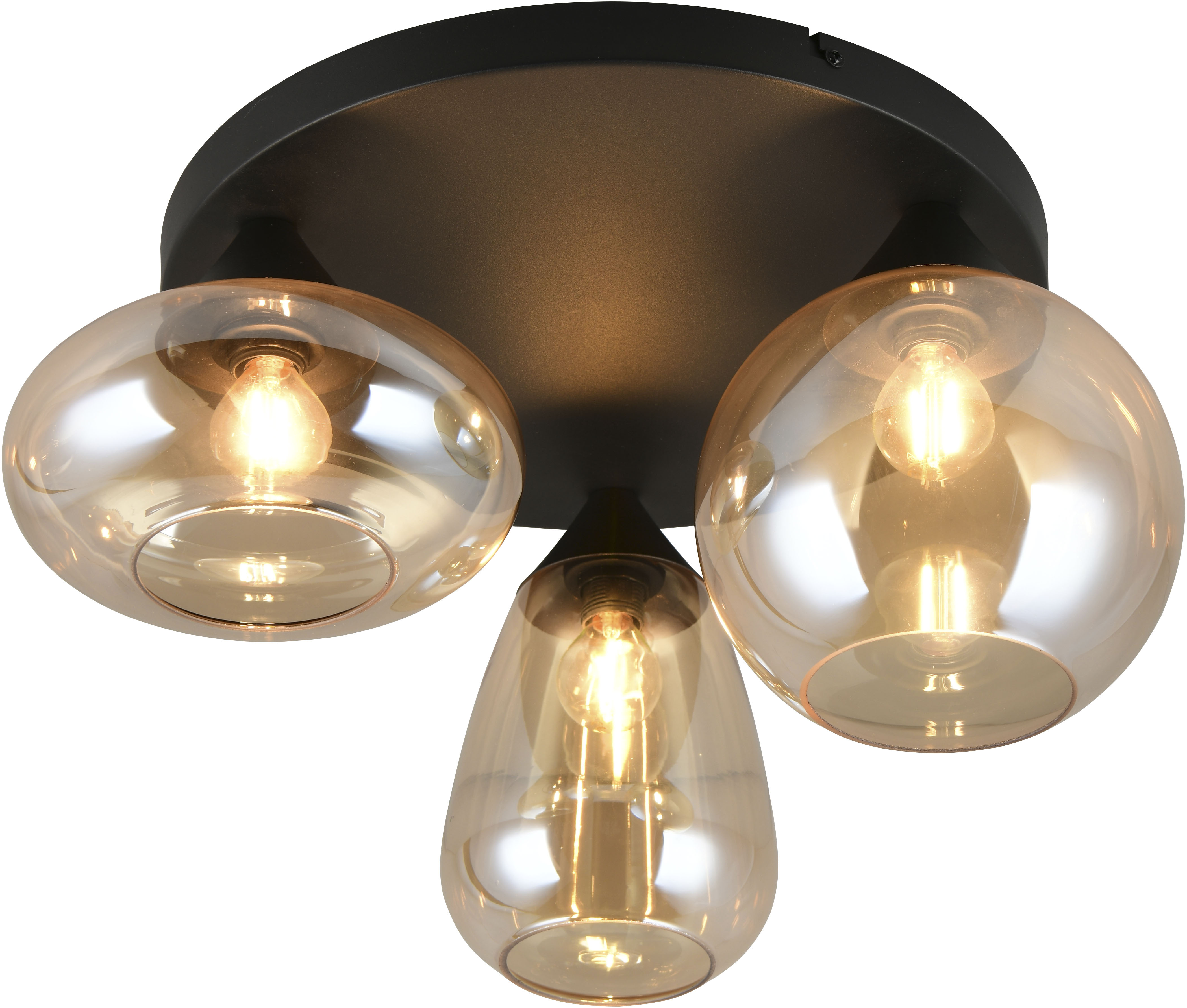 TRIO LEUCHTEN Deckenleuchte "Lumina, Deckenlampe 3-flammig mit Glasschirm, exkl 3x E14, max 10W", amber, schwarz matt, 3, Ø 48,5cm H: 24,5cm, 1 Stk., Leuchten, Ø 49 cm Höhe 25 cm, spiegelnde Glas Lampenschirme in 3 modernen Formen, Deckenleuchte