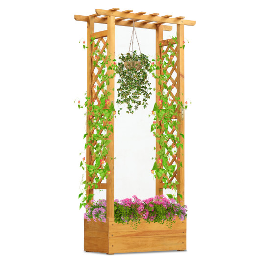 Costway Wooden Raised Garden Bed with Lattice Trellis and Hanging Roof-Orange