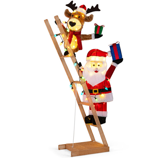 Costway 5.5 Feet Christmas Lighted Reindeer and Santa Claus on Ladder with 100 LED Lights