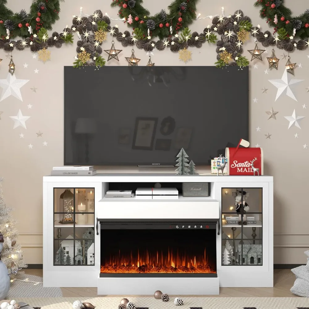60 inch Fireplace TV Stand for TVs up to 75" with 30" 3-Sided Electric Fireplace, Farmhouse Entertainment Center wit