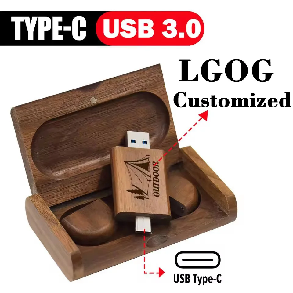 Type-c 2 en 1 Logo personnalisé gratuit en bois de bambou haute vitesse USB 3.0 clé USB pilote de stylo clé USB 16GB 32GB 64GB clé USB