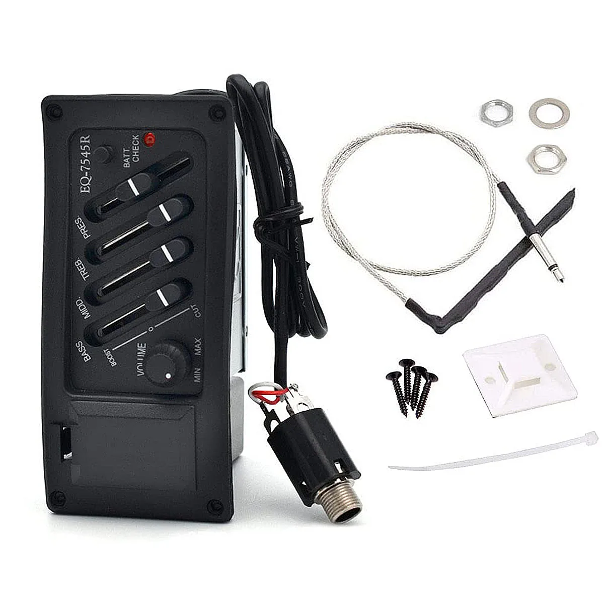 4 Band Guitar Pickup EQ-7545R Preamp with Tuner - Acoustic Guitar Equalizer Amplifier, Piezo Pickup System, Volume&Tone Control