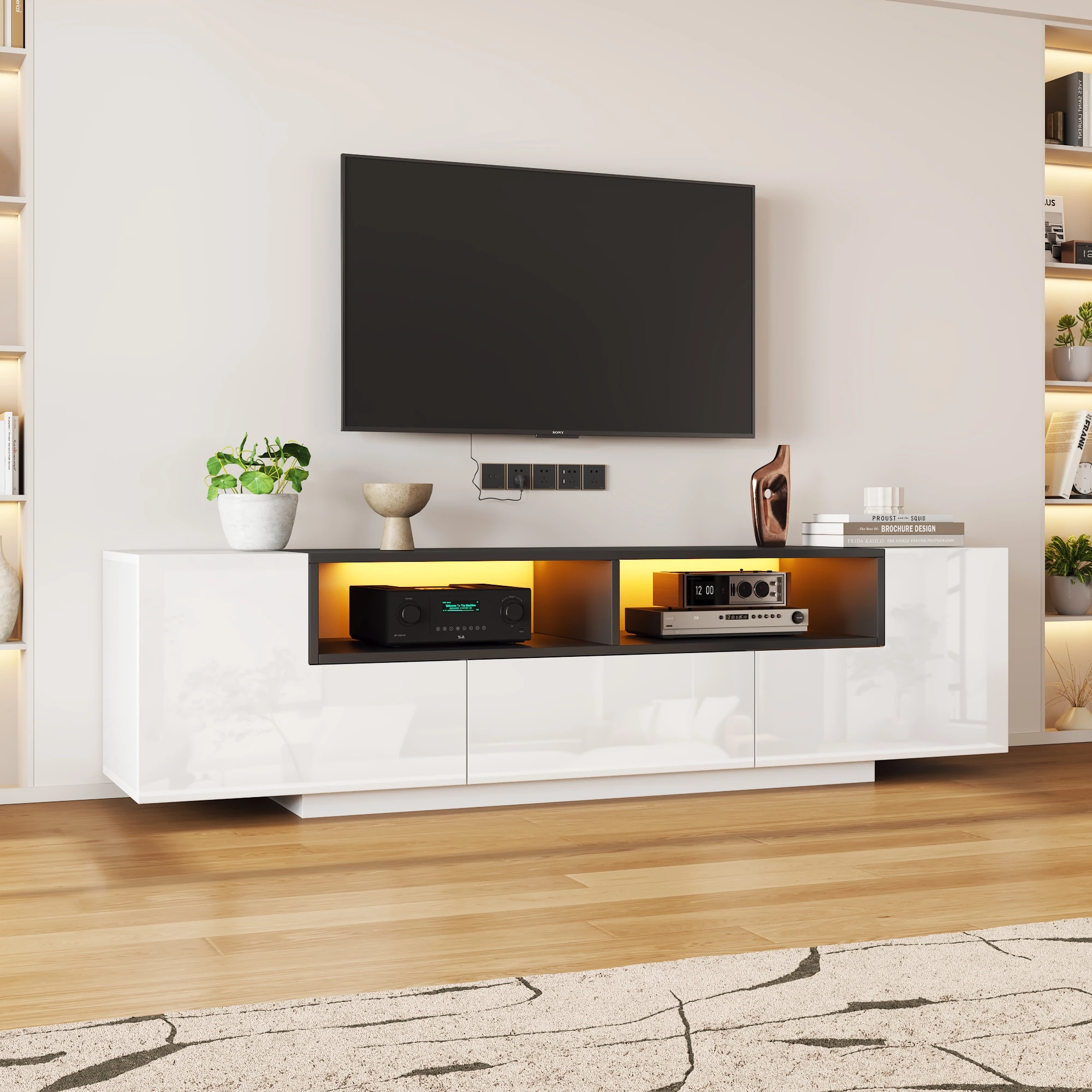 Meuble TV autoportant 180x40x48cm, meuble bas avec lumière LED, meuble TV en forme de L avec tiroirs, meuble de salon, meuble TV