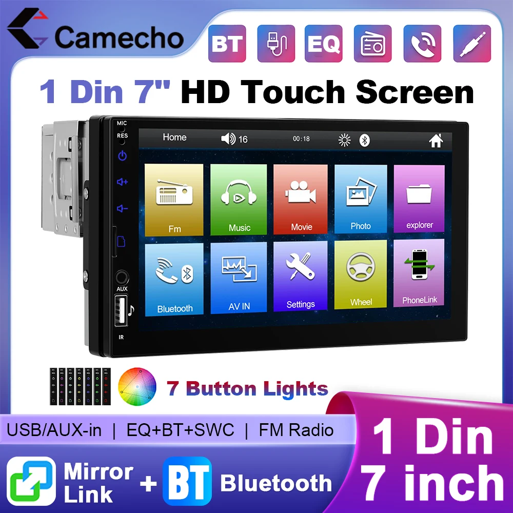 Camecho 1 Din autoradio 7 "HD écran tactile stéréo multimédia MP5 lecteur vidéo universel Mirrorlink FM USB BT TF carte entrée AUX