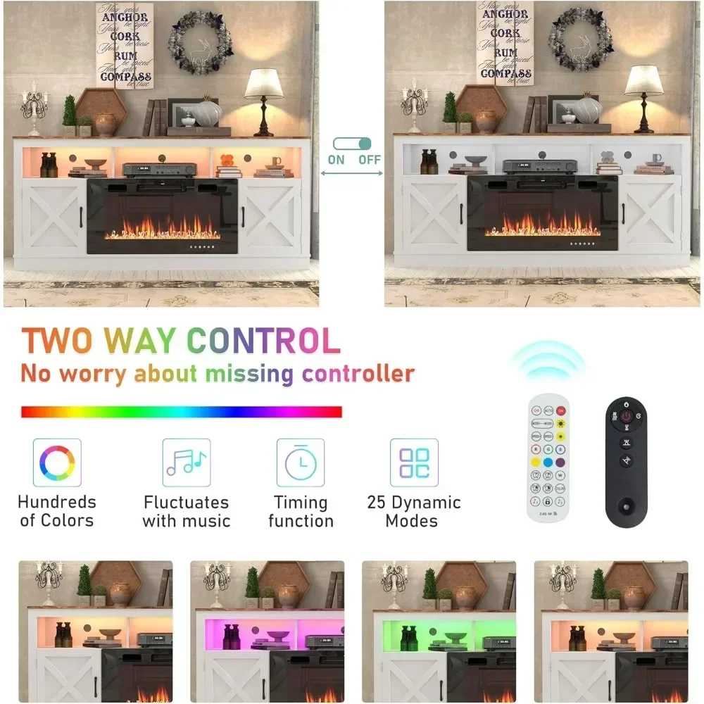 Farmhouse Fireplace TV Stand for 70/75/80 Inch TV, 32”Tall Entertainment Center w/ 36”Electric Fireplace and LED Light, 70”Media