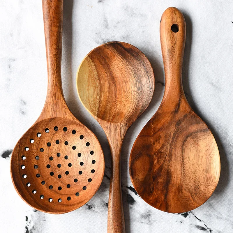 Holz Küche Löffel Teak Holz Sieb Löffel Reis Scoop Paddle Große Holz Löffel Skimmer für Kochen Holz Küche Utensilien Image