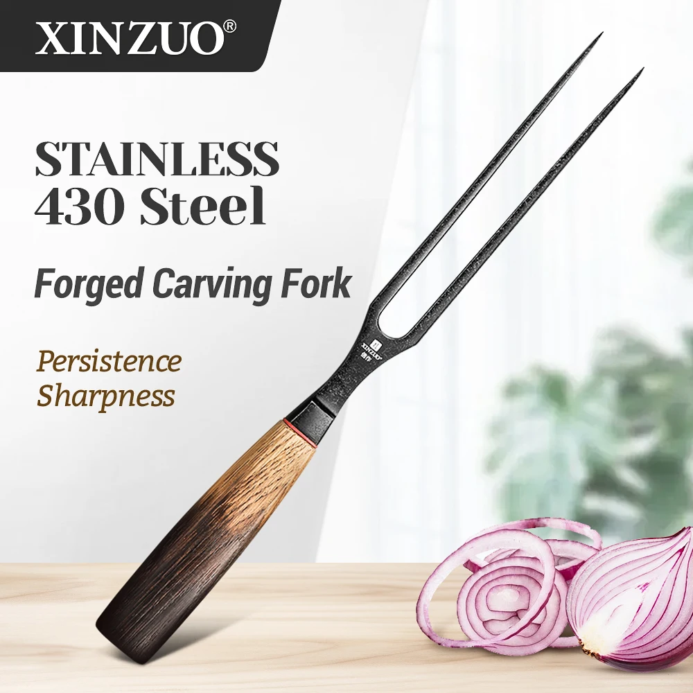XINZUO 15 cm Premium 430 Edelstahl geschmiedete Schnitzgabel, amerikanischer weißer Eichengriff, Grillgabel und Abendessengabel, langlebig Image
