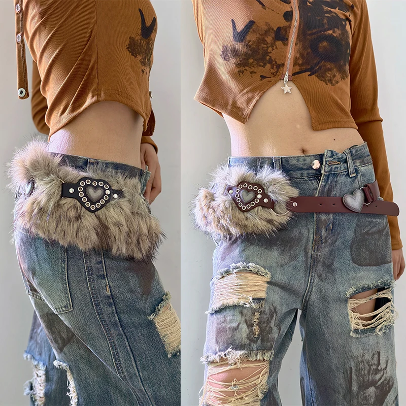 Mode Faux Pelz Punk Gürtel Für Frauen Trendy Luxus Design Herz Bund Casual Vielseitig Plüsch Gürtel Western Cowboy Gothic Gürtel Image