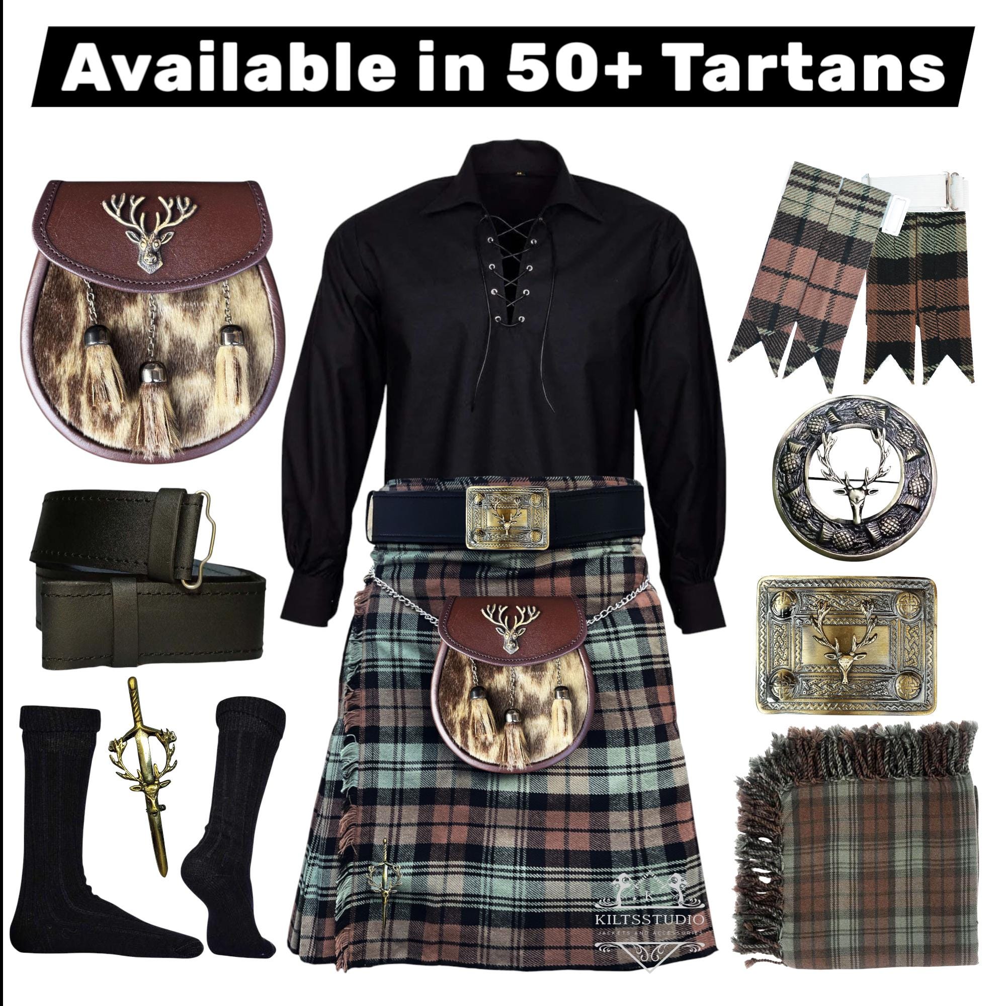 Completo kilt da uomo composto da 10 pezzi - Completo kilt Sporran scozzese antico con testa di cervo - Set kilt da matrimonio tradizionale - Disponib