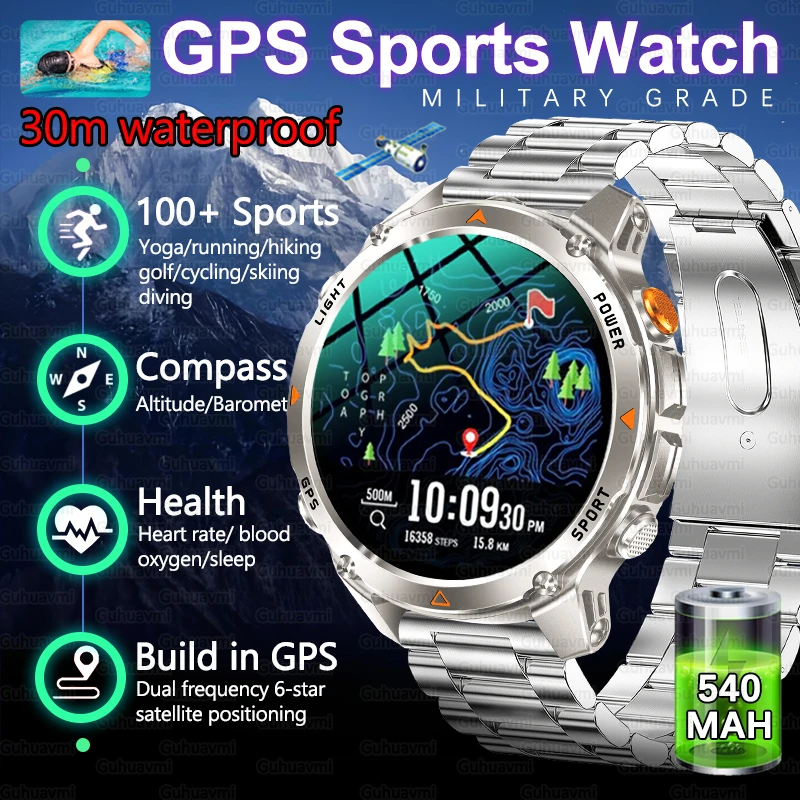2025 Neue Herren-Smartwatch, 30 Meter wasserdicht, Dualband-GNSS-Kompass, Gesundheitsverfolgung, Militär, Outdoor-Sport, GPS-Smart-Armband Image