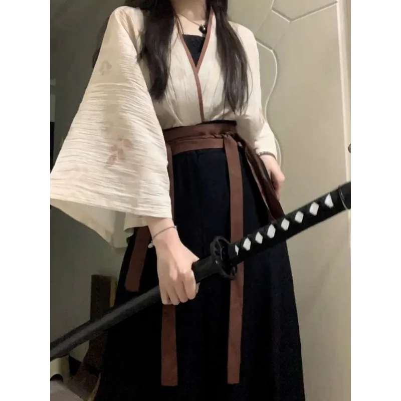 2025 sommer Verbesserte Baumwolle Leinen Hanfu Kleid 3 stücke Chinesische Traditionelle frauen Kleidung Japanische Spitze Up Kimono Cosplay Heroine Image
