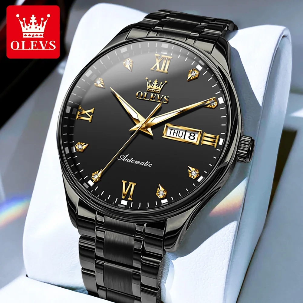 OLEVS 9955, luxuriöse Herrenuhr, Edelstahl, wasserdicht, leuchtender Kalender, einfache Business-Automatik-Mechanische Armbanduhr für Herren Image