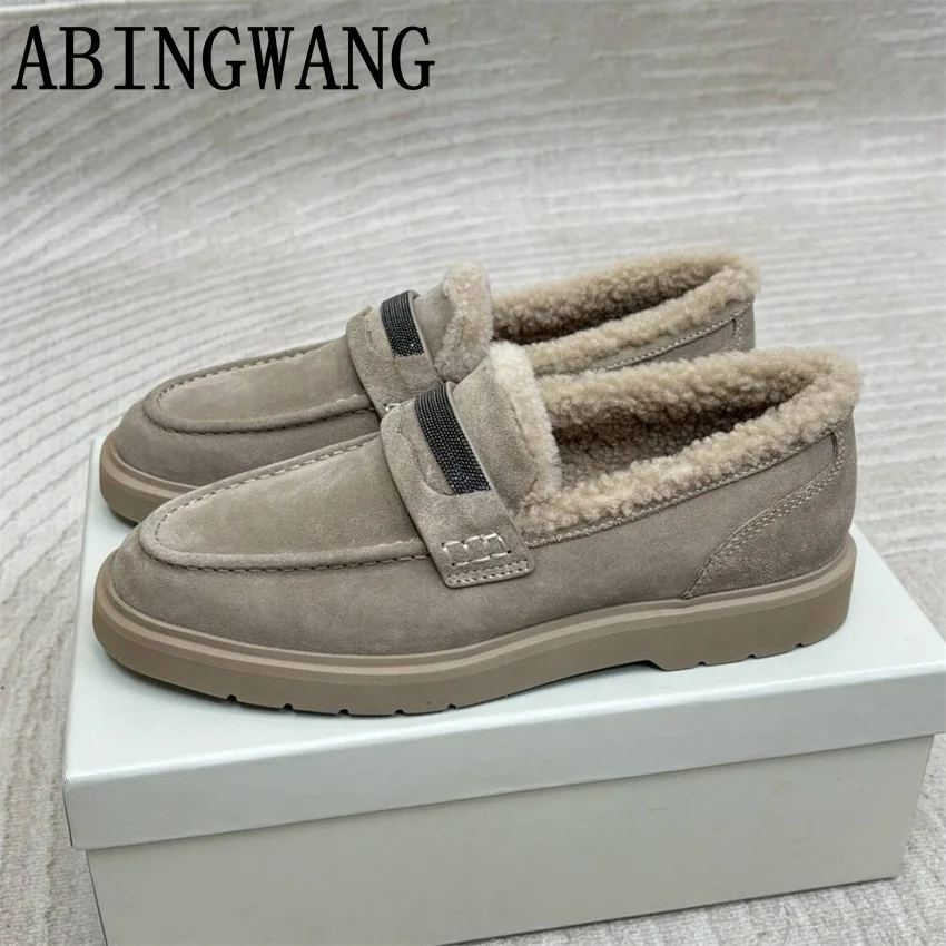 Suede Leather Inside Fur Loafers for Women Slip On Runway Ladies Office Shoes 2025 Autumn Winter Lazy Shoes Women Warm Shoes