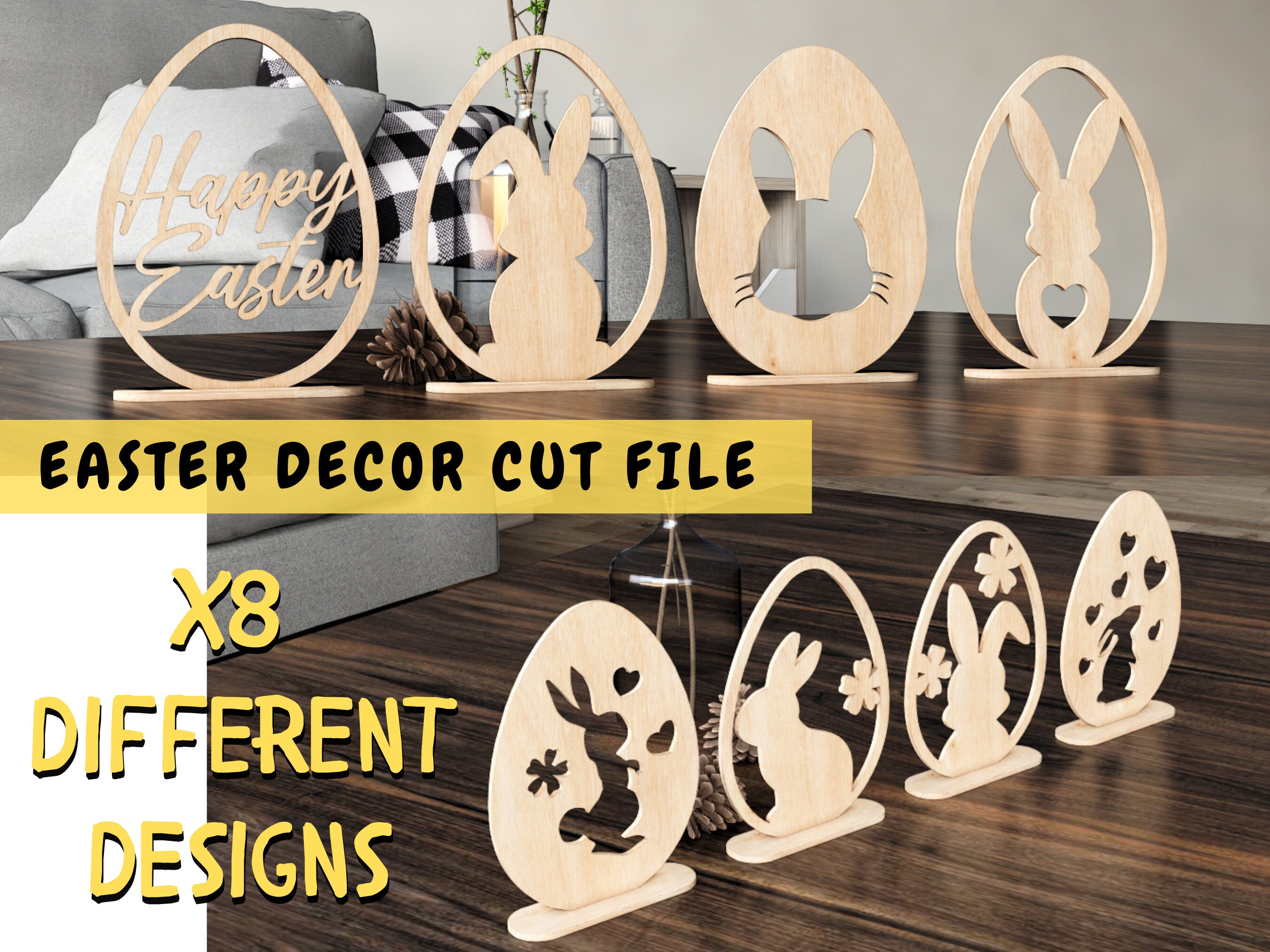 Bunny Easter Eggs Shelf Sitter SVG - Uova di Pasqua con supporto Svg - File di taglio laser di Pasqua - Set di 8 decorazioni per uova di Pasqua DXF SV