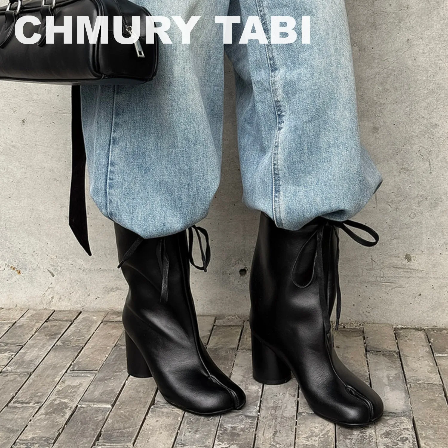 CHMURY Damen Tabi Split-Toe Mid-Calf Stiefel 7,5 cm High Heels in Schwarz Rot Braun Mode Damenschuhe