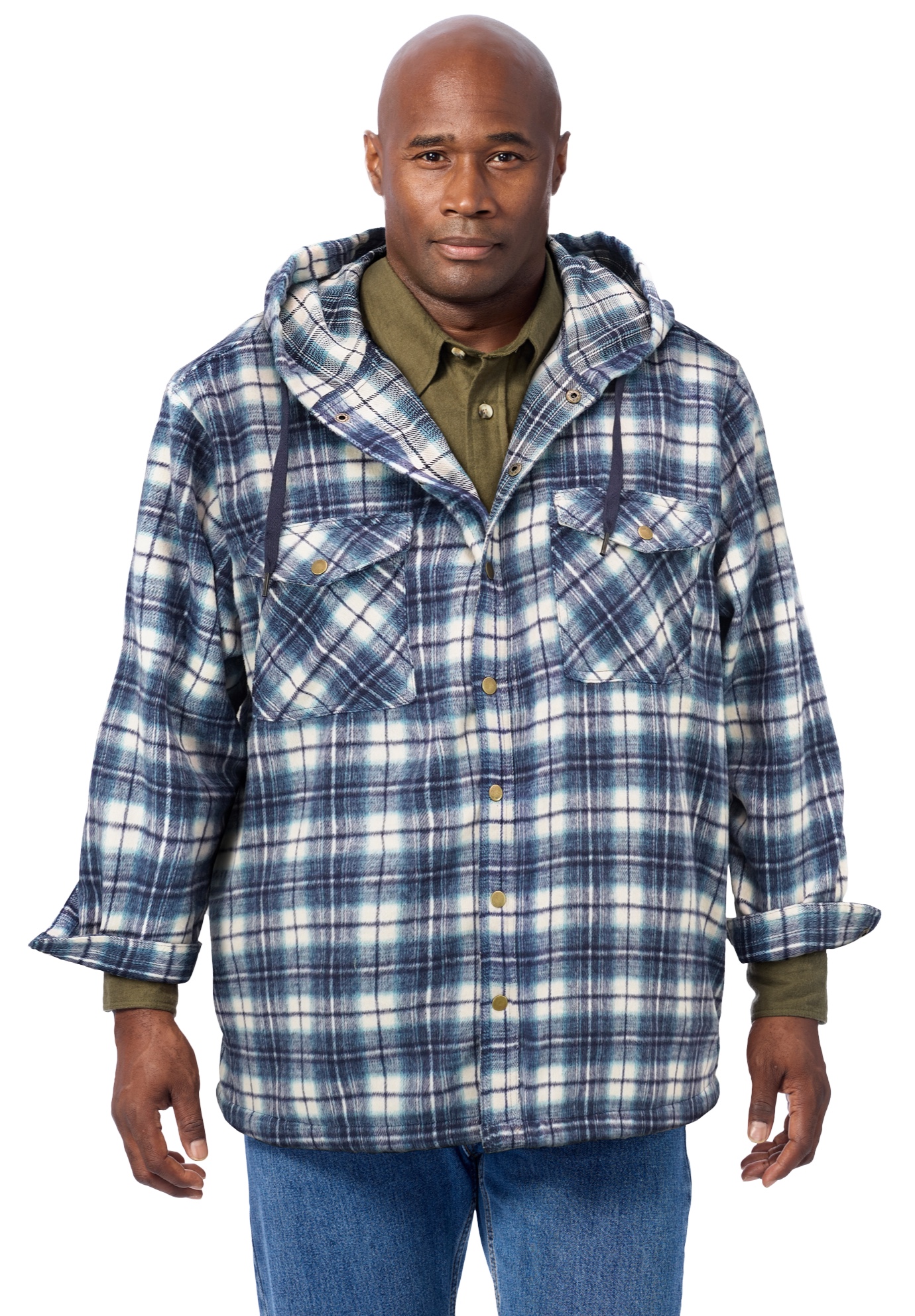 Men's Big & Tall Brawny Snap Shirt Jacket by KingSize in Navy Plaid (Size XL)