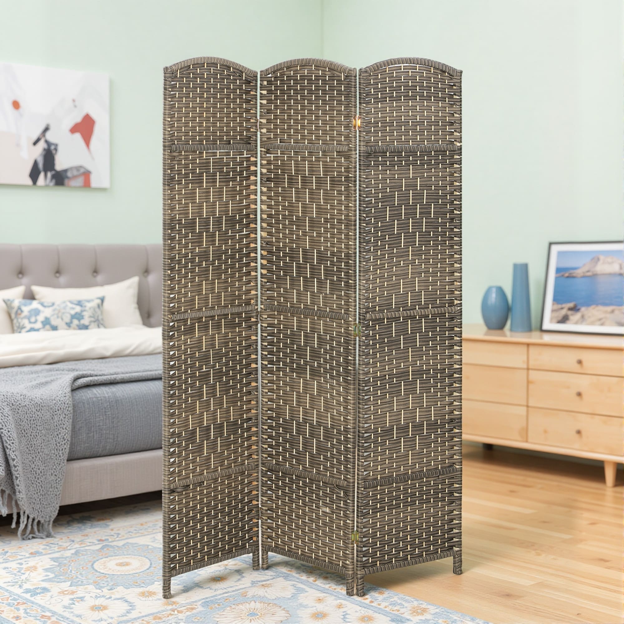 HOMCOM 3 Panel Room Divider, 6' Tall Folding Privacy Screen, Hand-Woven Freestanding Wall Partition