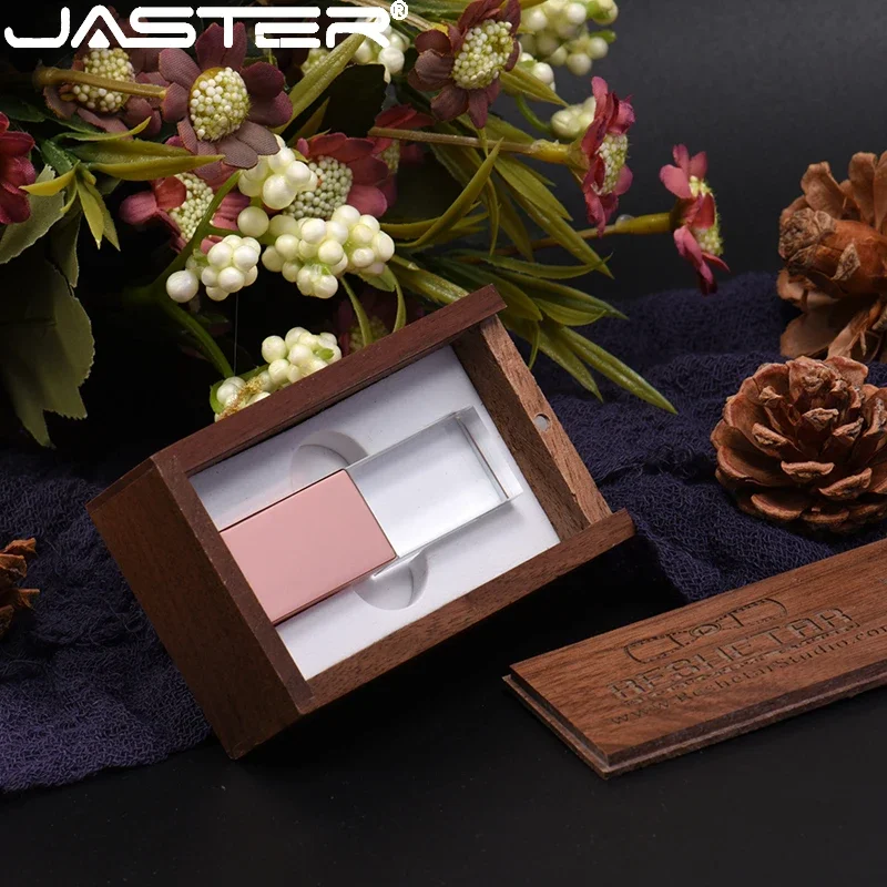JASTER-Clé USB en bois avec logo personnalisé, clé USB en cristal, clé USB créative, cadeau de mariage, 128 Go, 16 Go, 32 Go, 64 Go