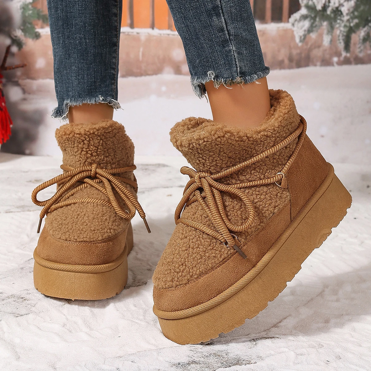 Winter Neue Runde Kappe Dicken Sohlen Bequeme/warme Schnee Stiefel Modische Flacher Mund Lace Up Casual Wanderstiefel für Frauen Image