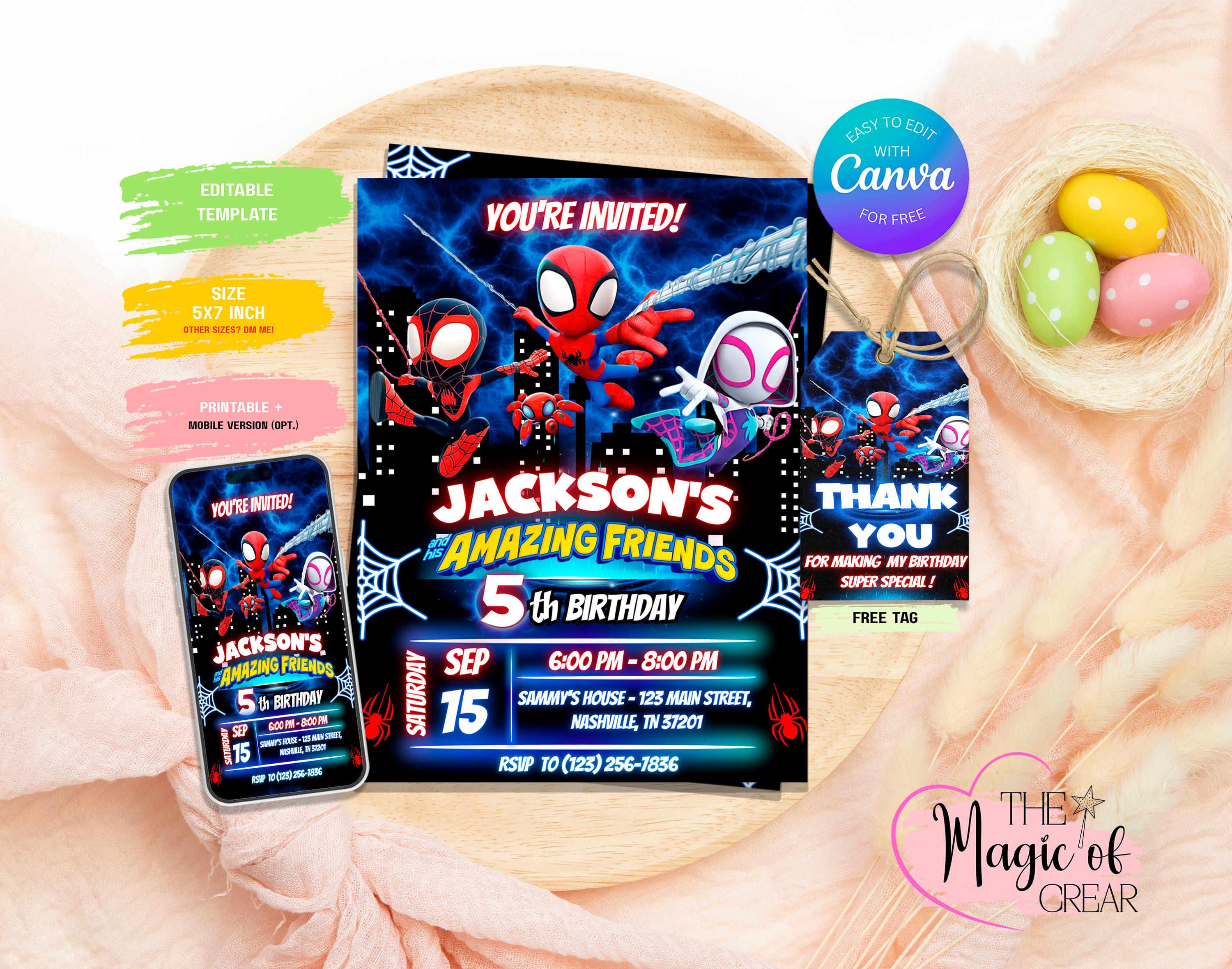 Invito di compleanno di Spidey e i suoi fantastici amici | Invito stampabile per la festa di compleanno di Spider-Man per bambini | Modello Canva modi
