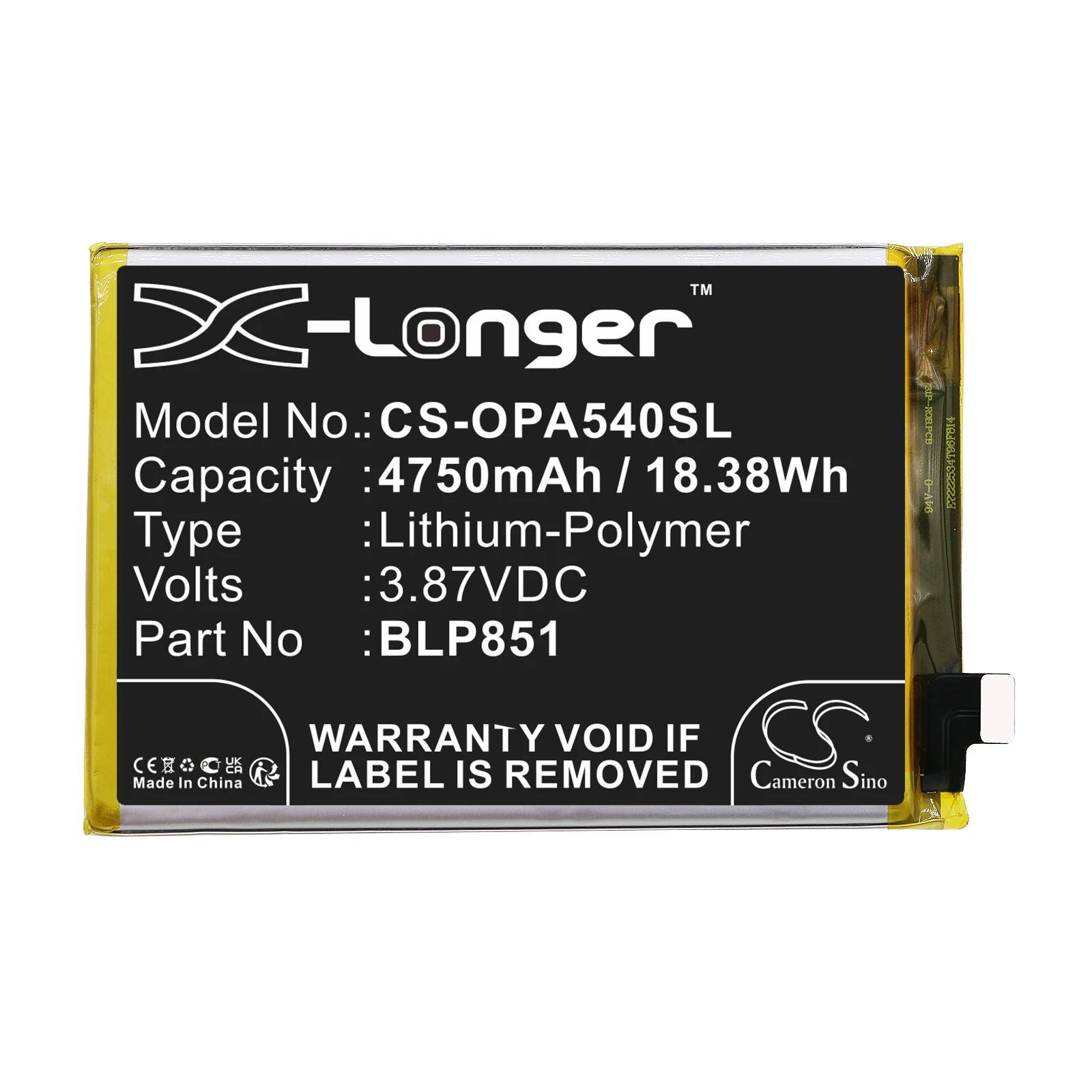 Li-Polymer Mobile, SmartPhone Battery for OPPO, 3.87V, 4750mAh , Compatible Models: A54 5G, A74 5G, CHP2179, CHP2195