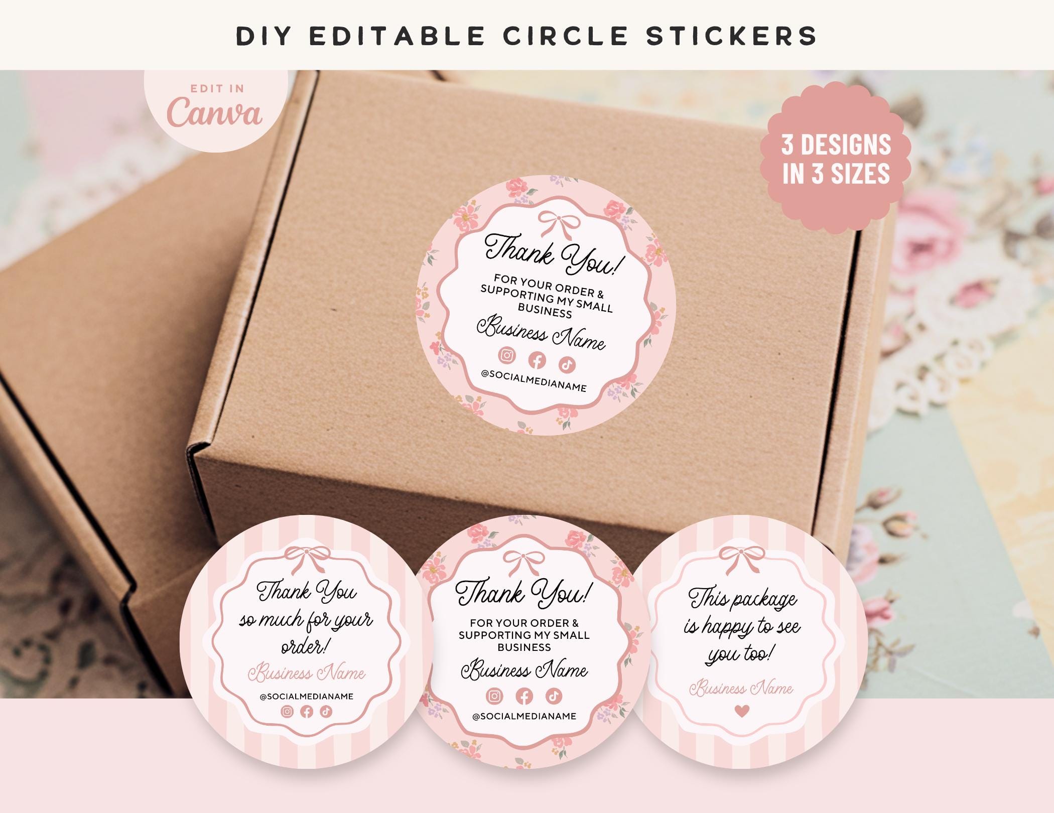 Adesivi estetici fai da te Coquette, modello di etichetta circolare modificabile Canva, adesivo di ringraziamento personalizzabile, adesivo per sigill