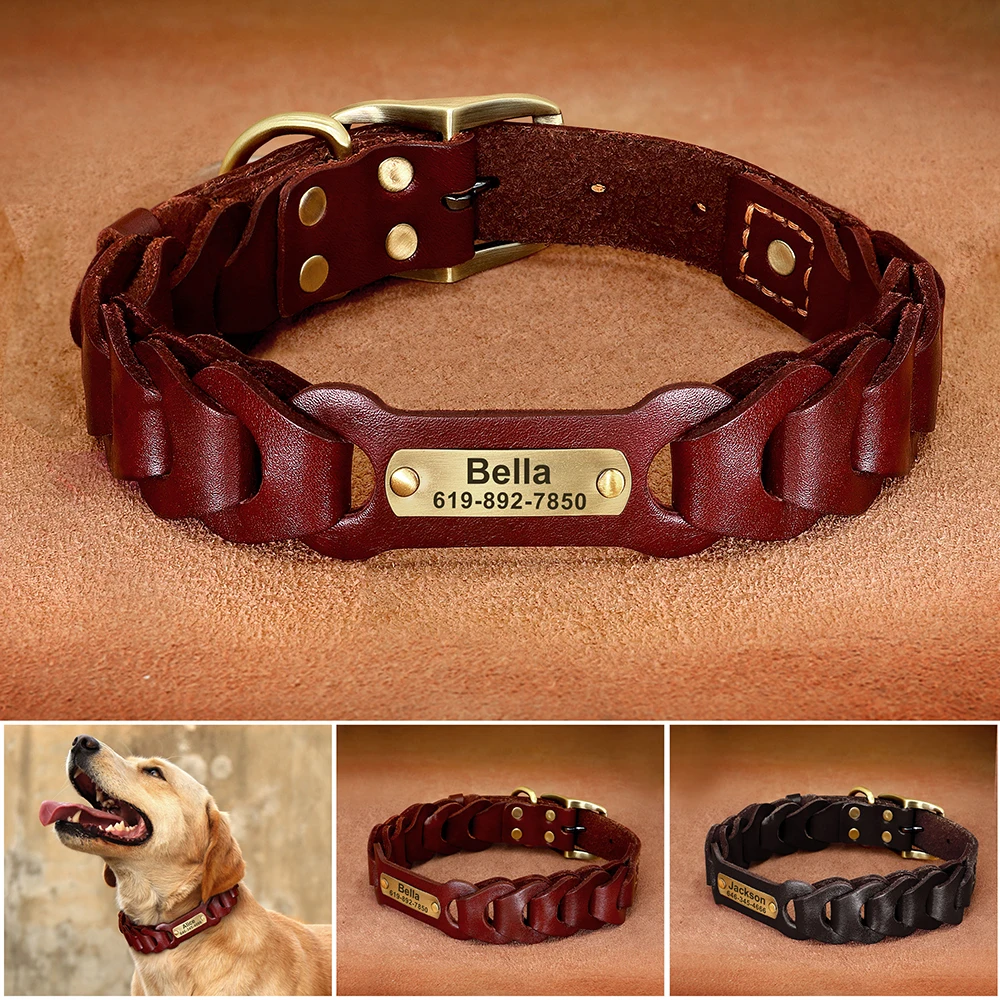 Echtes Leder Hund Kragen Nach Leder Medium Large Hund Halsbänder Personalisierte Pet ID Halsbänder für Hunde Pitbull Gravieren Name Image