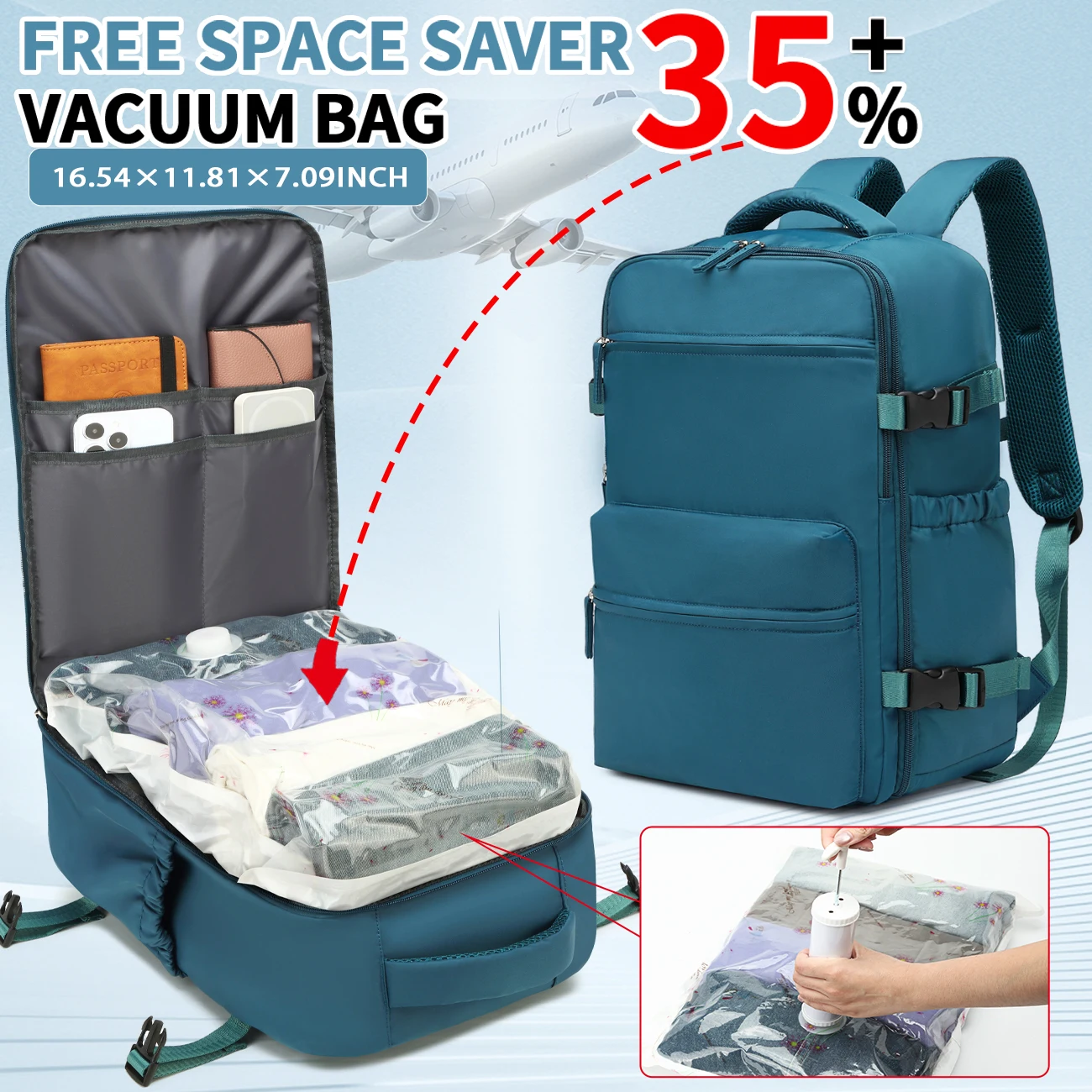 Zaino da viaggio con stoccaggio sottovuoto, borsa da trasporto per compagnia aerea, zaino per laptop aziendale e borsa tote per uomo e donna