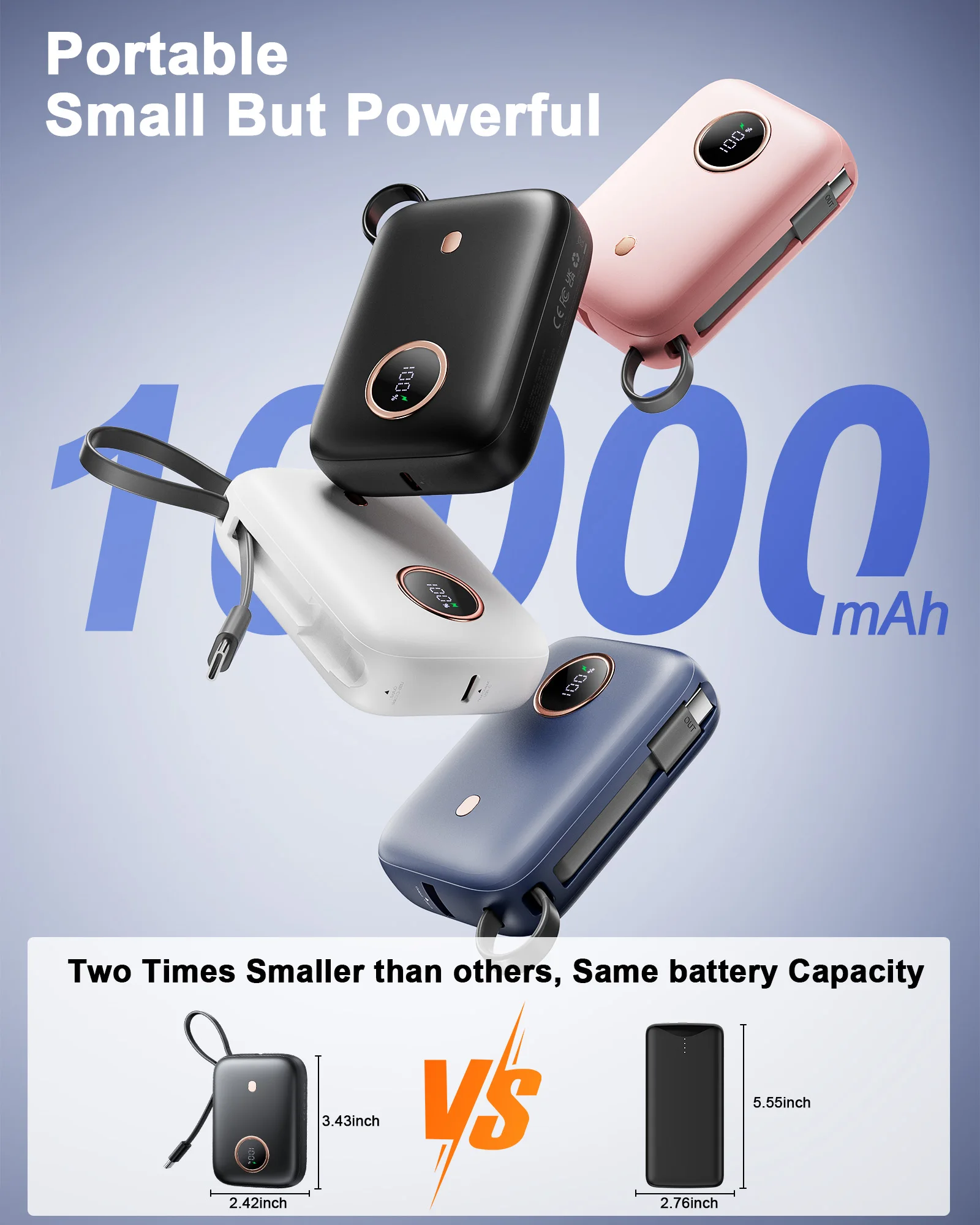 Mini Power Bank SP01 da 10000 mAh, caricabatterie portatile ultra compatto con cavo integrato, caricabatterie rapido da 22,5 W per iPhone Samsung Android.