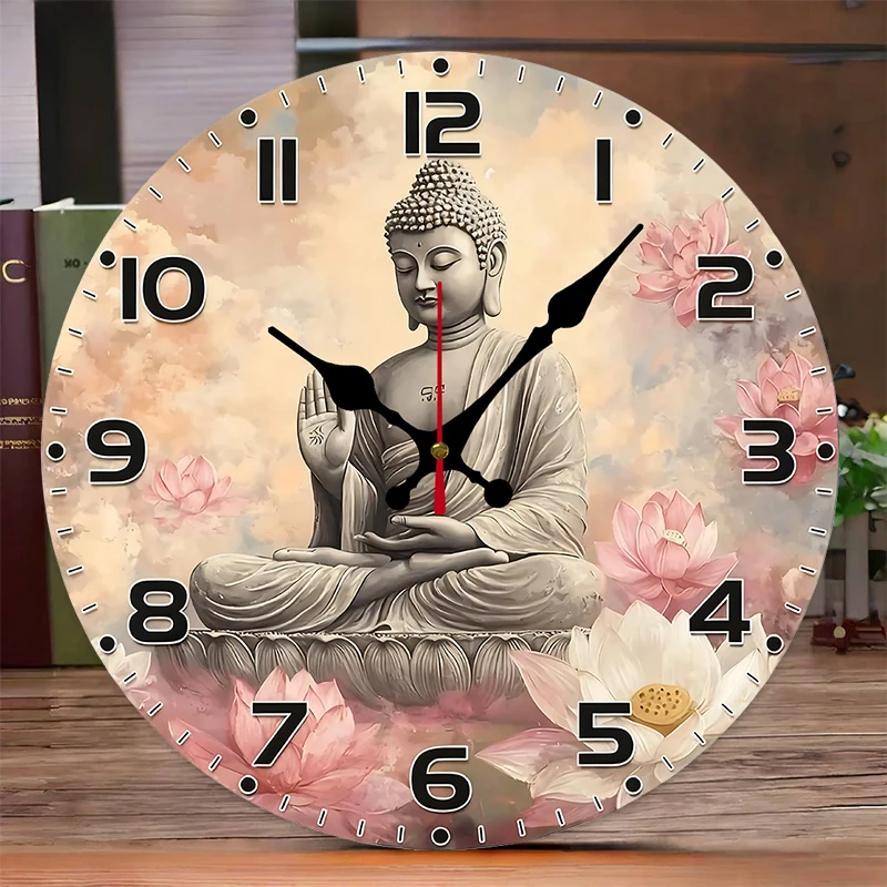 Serene Buddha Holz-Wanduhr, rund, geräuschlos, zum Aufhängen, geeignet für Wohnzimmer, Büro, Arbeitszimmer, Schlafzimmer, Heimdekoration Image