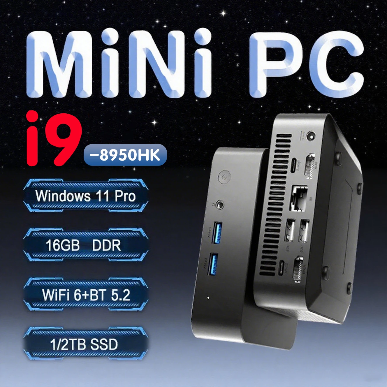 Mini Portable PC with Core i9 8950HK Windows 11 Pro 16GB DDR4 2TB SSD PC Gamer WiFi6 BT5.2 4K Dual Mini Desktop Office Gaming PC