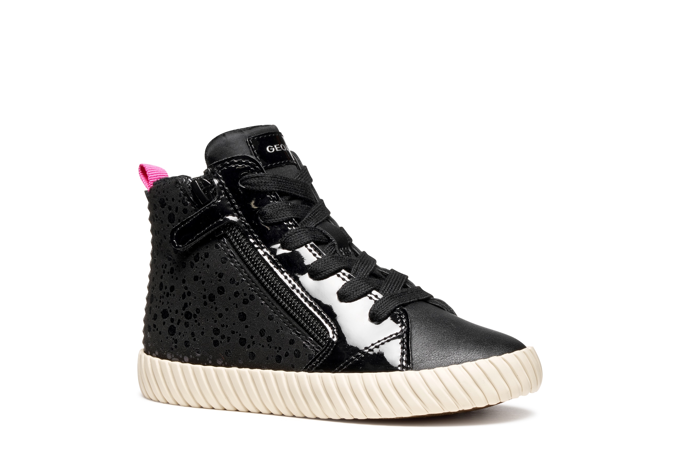 Sneaker GEOX "J MIRROLESS GIRL", Kinder, Gr. 26, schwarz, Lacklederimitat, Lederimitat, Textil, Schuhe, Schnürboots mit Warmfutter, Größenschablone zum Download