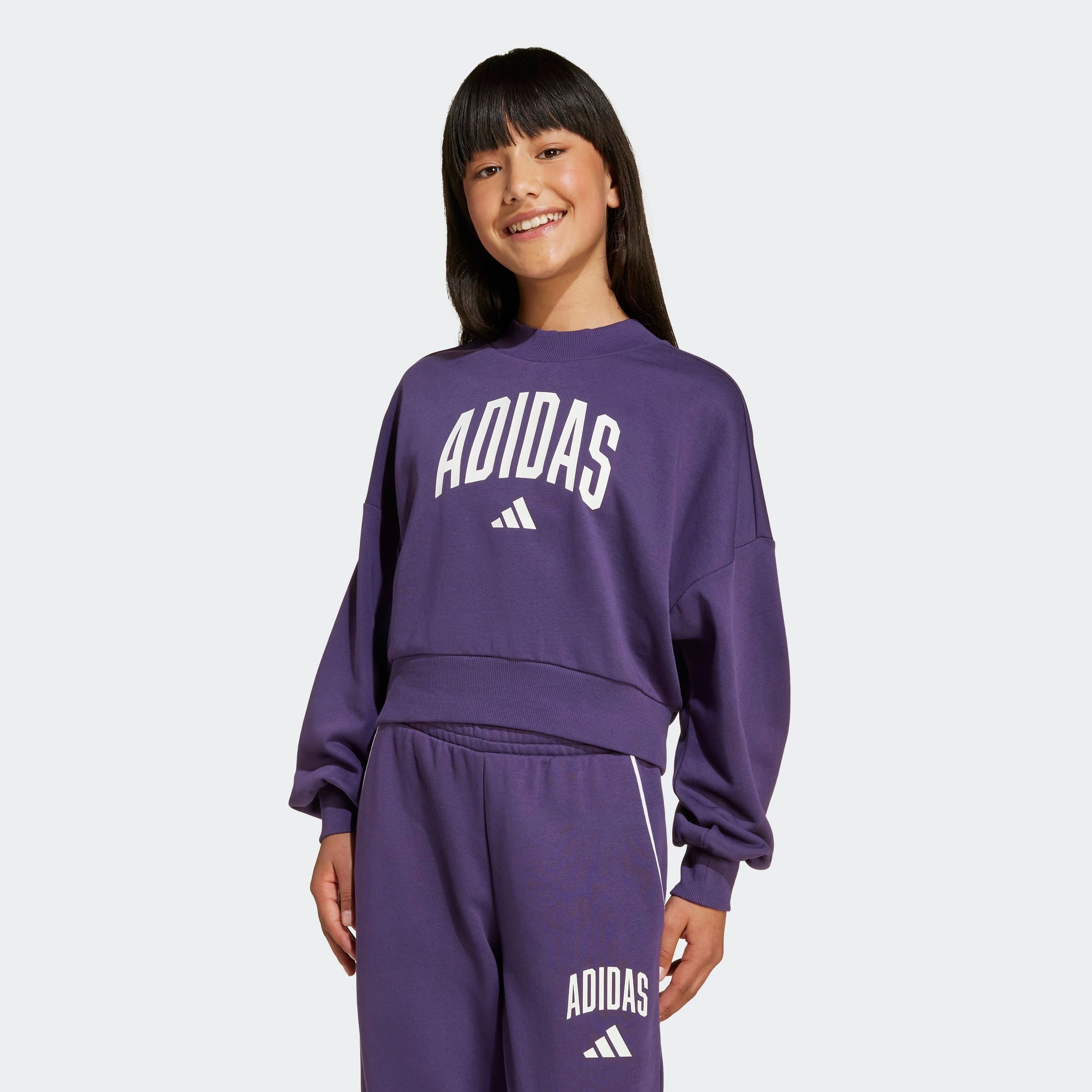 Sweatshirt ADIDAS SPORTSWEAR "JG CLGT FT SWT", Kinder, Gr. 152, aurora plum, weiß, Obermaterial: 70% Baumwolle, 30% Polyester, Sportlich, Rundhals, Sweatshirts Image