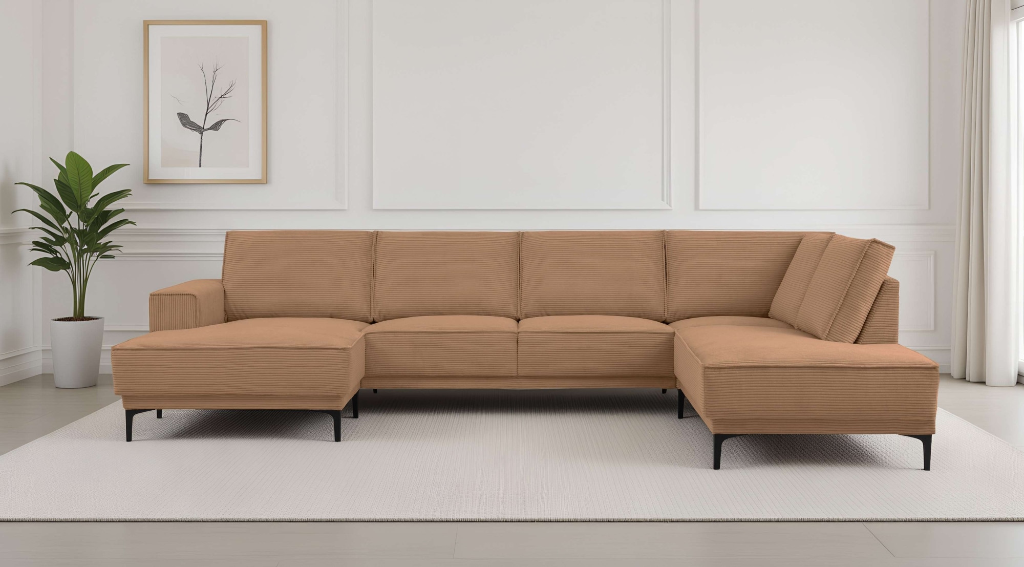 Wohnlandschaft OTTO HOME "XXL Sofa Oland, Struktur, Flachgewebe, Luxus-Microfaser, Boucle", light braun, B:345cm H:85cm T:210cm, 92%PES 8%NY, Sofas, Wohnlandschaft, U-Form, 345 cm, Wellenunterfederung, Skandi-Design, Metallfüße
