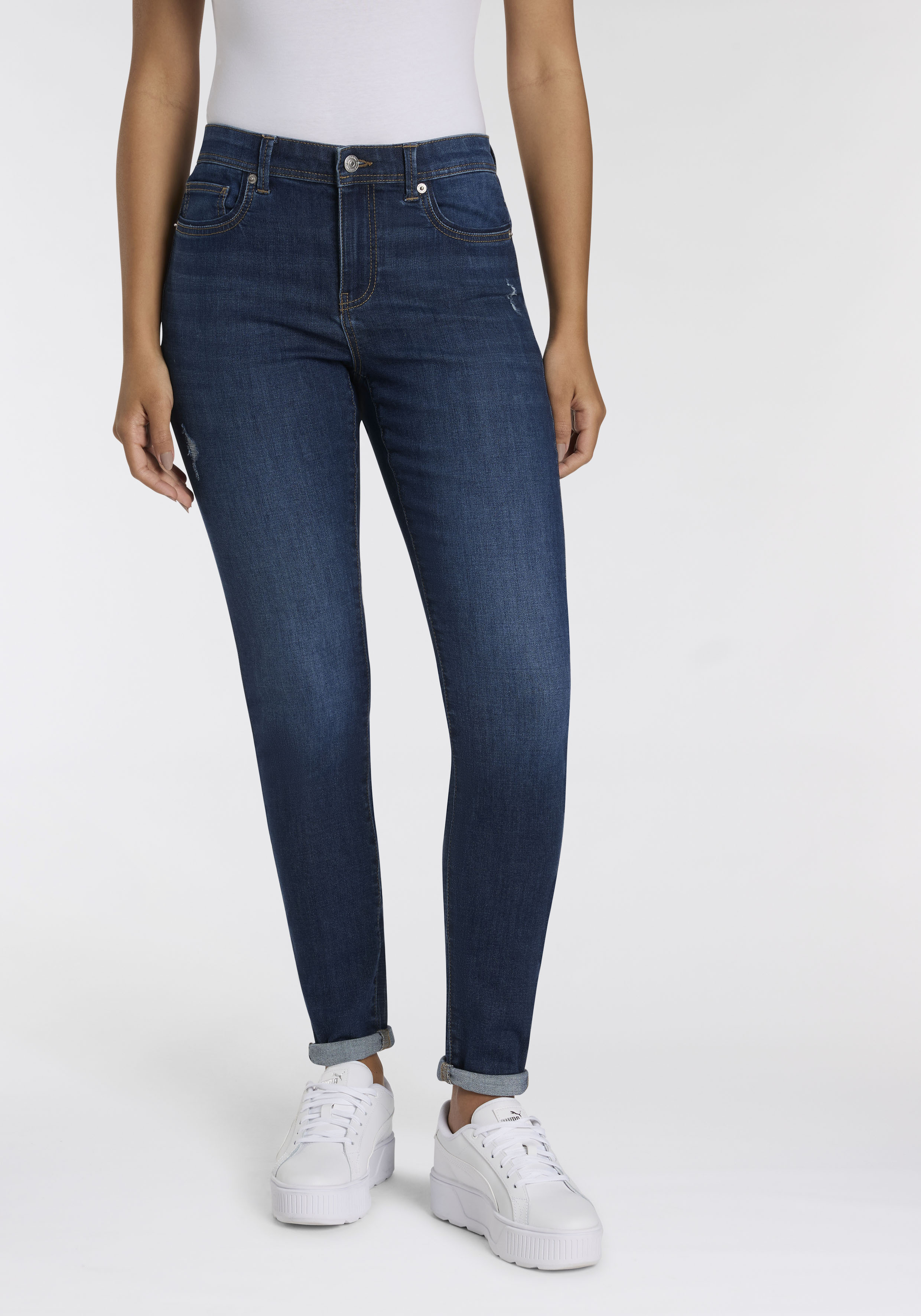 Skinny-fit-Jeans ONLY "ONLWOW – Skinny-Jeans mit Stretch für schlanke Silhouette", Damen, Gr. XL(42), Länge 32, blau (dunkelblau denim), Denim/Jeans, Obermaterial: 64% Baumwolle, 31% Polyester, 3% Viskose, 2% Elasthan, unifarben, skinny fit, Jeans,... Image